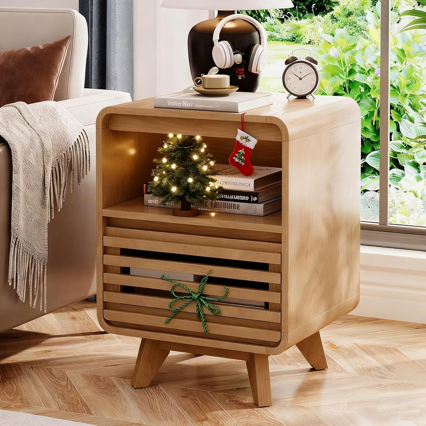 Fluted Night Stand Nightstand with Drawer Storage Grille Bed Side Table End Table Large Modern Wide Bedside Stand Tall Night Stands for Bedroom Living Room Sofa Couch Home Office, Natural Oak