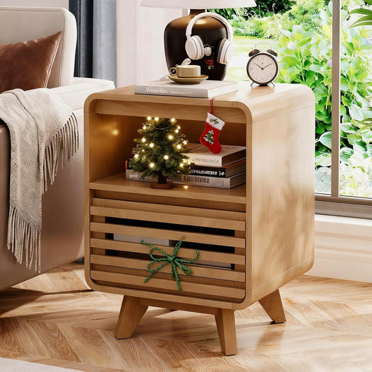 Fluted Night Stand Nightstand with Drawer Storage Grille Bed Side Table End Table Large Modern Wide Bedside Stand Tall Night Stands for Bedroom Living Room Sofa Couch Home Office, Natural Oak