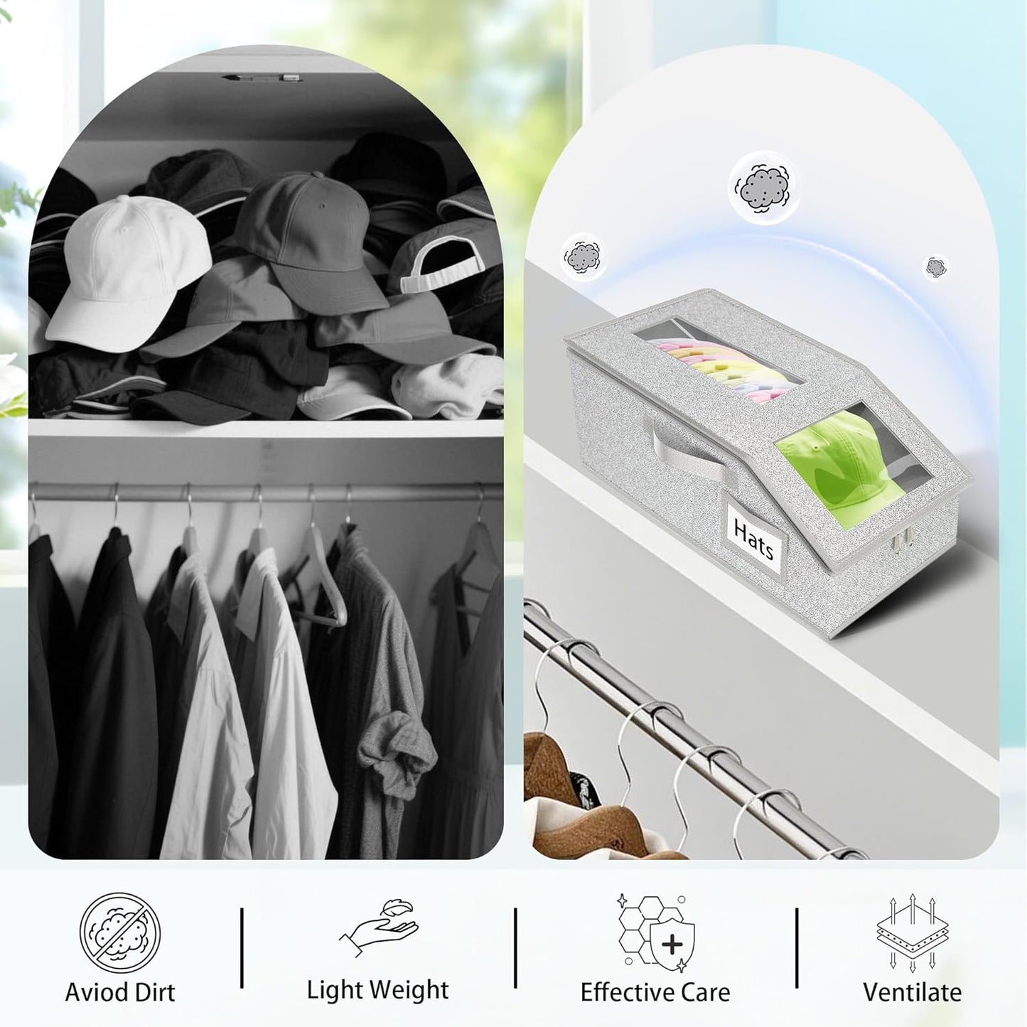 Stackable Hat Storage for Baseball Caps, 2 PCS Hat Storage Boxes for Closet, Holds up to 30 Caps with Cardboard, Hat Organizer for Women & Men(Two Clear Window) (Grey)
