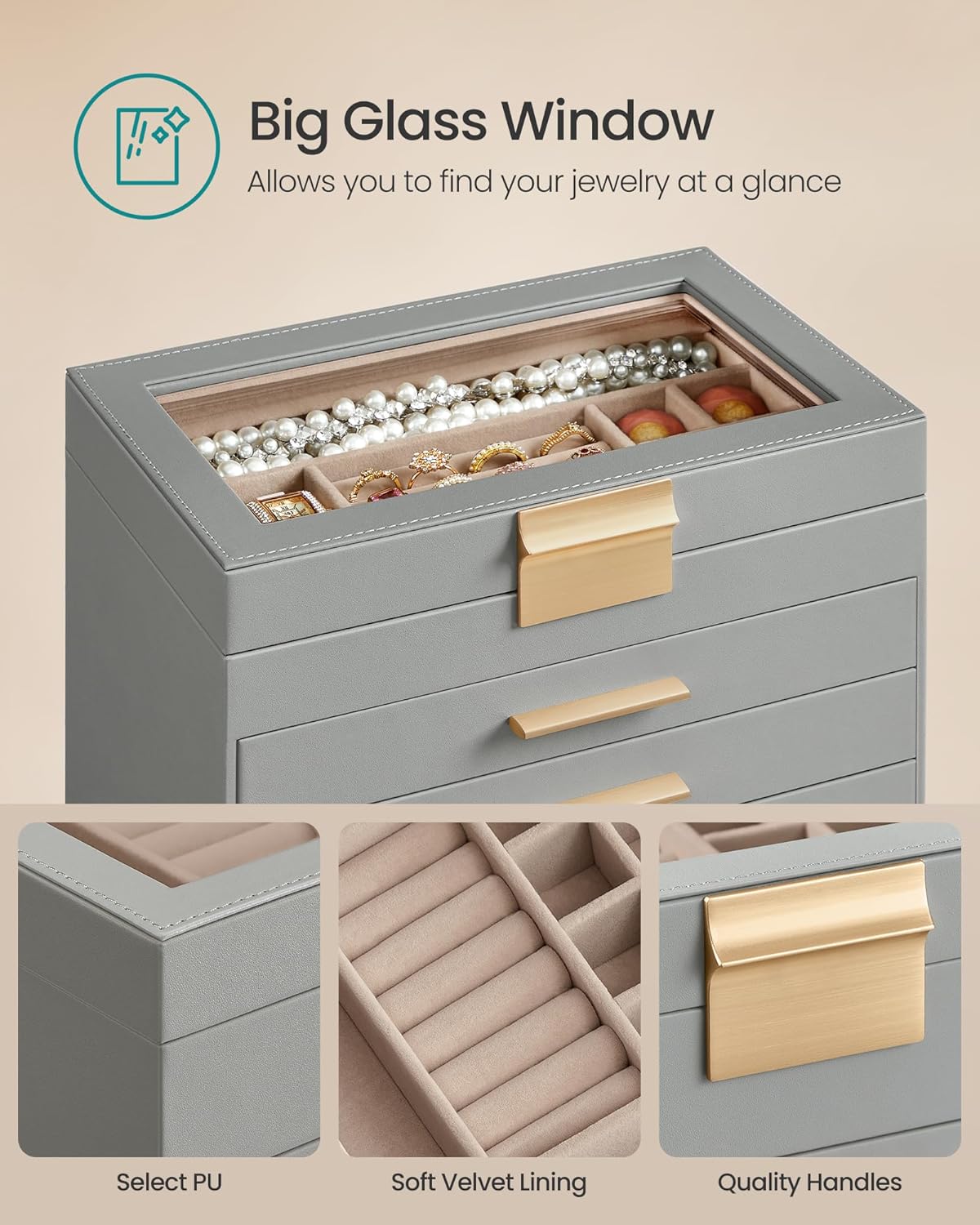 SONGMICS Jewelry Box Organizer with Glass Lid, 6-Layer Jewelry Storage, with 5 Drawers, Modern Style, Christmas Gift, 6.4 x 9.9 x 11.4 Inches, Dove Gray and Gold Color UJBC171G01