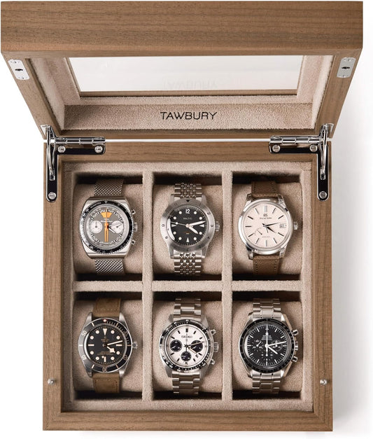TAWBURY Wooden Watch Case - 6 Slot Wood Watch Box for Men & Women with Glass Display, Protective Fully Lined Interior and 2-inch Wide Pillows for Large Watches (Light Walnut)