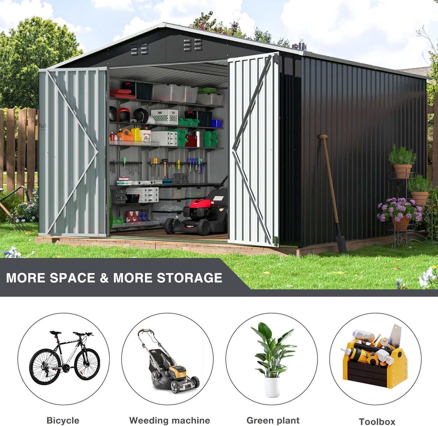 Polar Aurora 10x10 FT Outdoor Storage Shed, Metal Garden Shed with with Updated Frame Structure, Tool Sheds for Backyard Garden Patio Lawn, Black