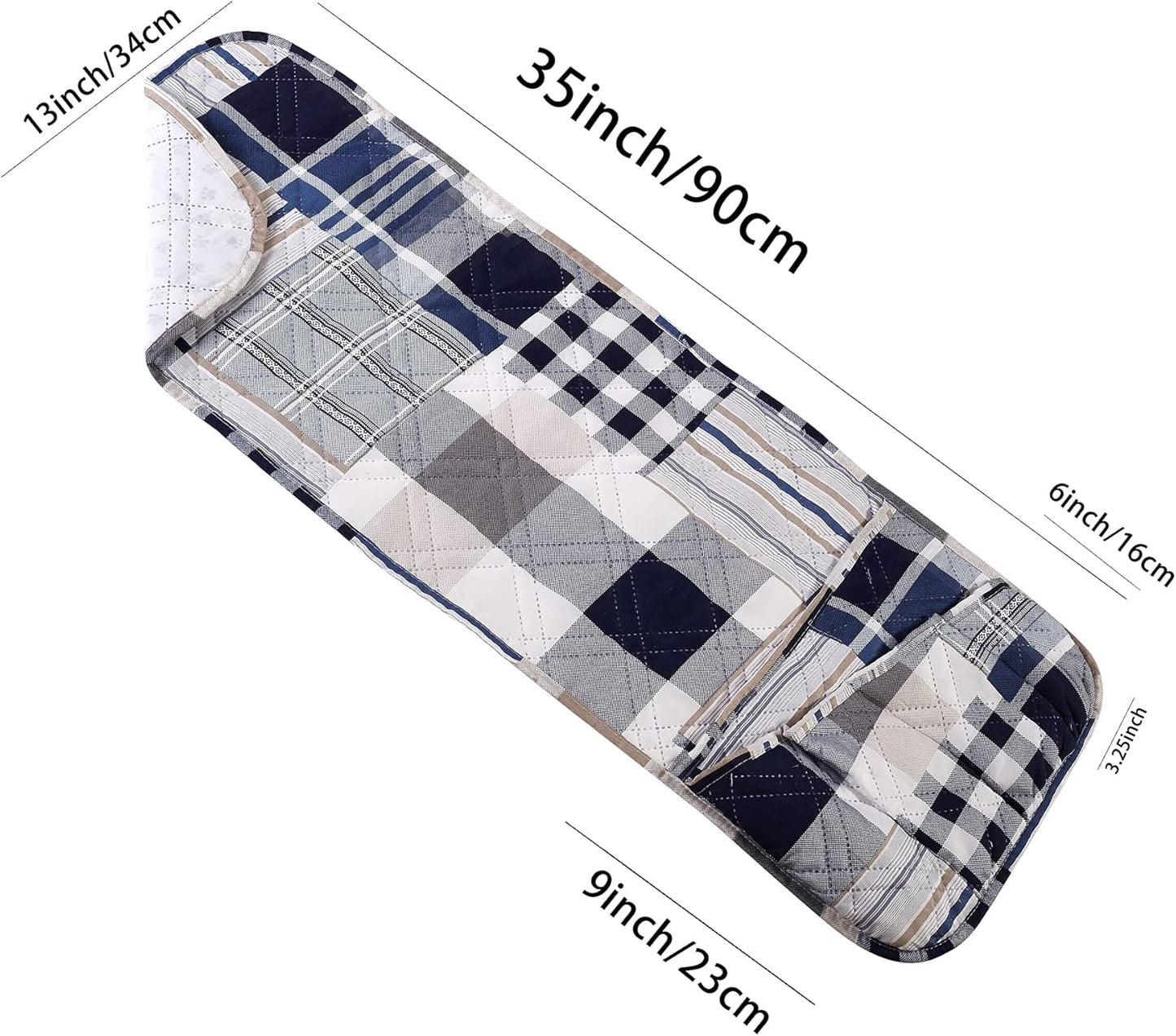 Brilliant Sunshine Multi Blue Plaids and Stripes Patchwork Sofa Armrest 5 Pockets Organizer, Slip Resistant Armchair Caddy, Washable Remote Controls Holder, Storage for Magazine, Tablet, 35×13", Blue