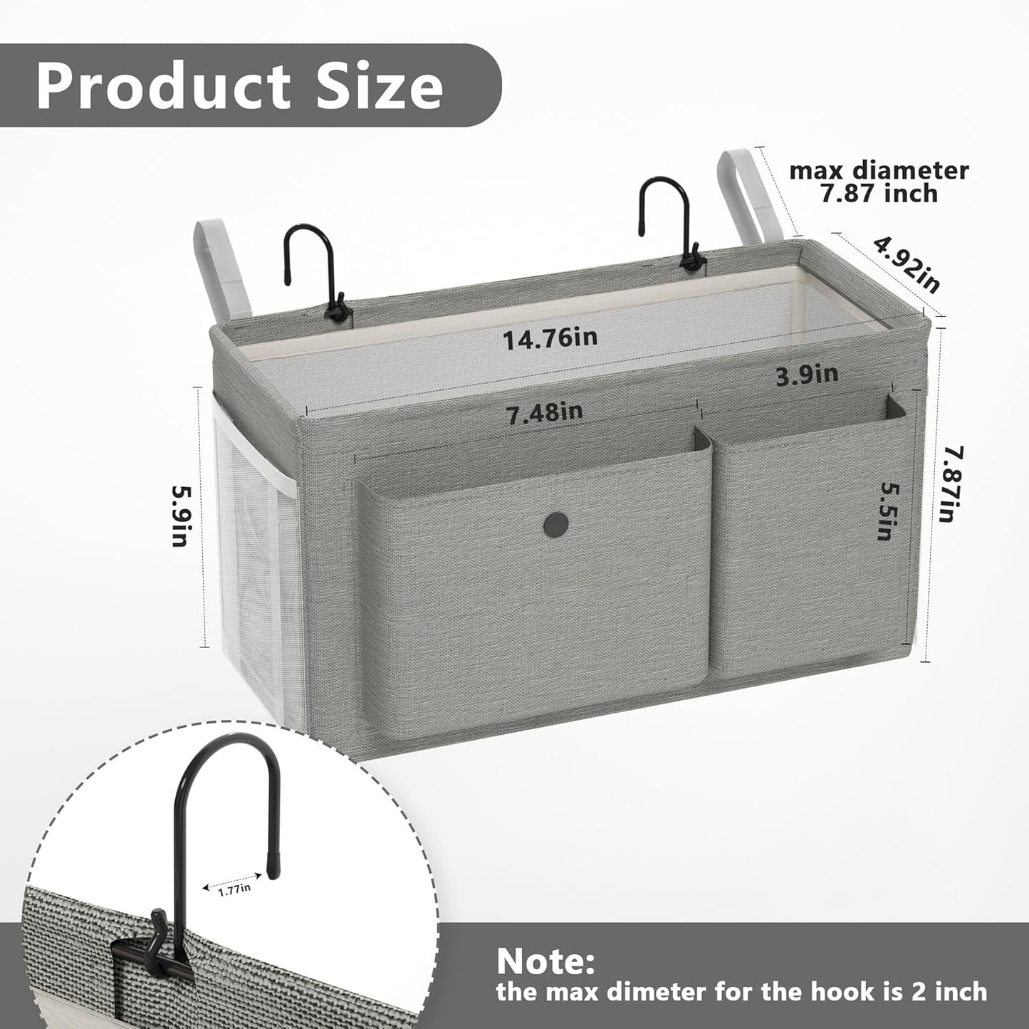 Bedside Caddy Bedside Organizer with Fixed Straps & Water Bottle Holder, Bunk Bed Caddy ideal for Home, Dorm, Hospital, Crib, Versatile Bedside Storage Solution (Grey 2pcs)