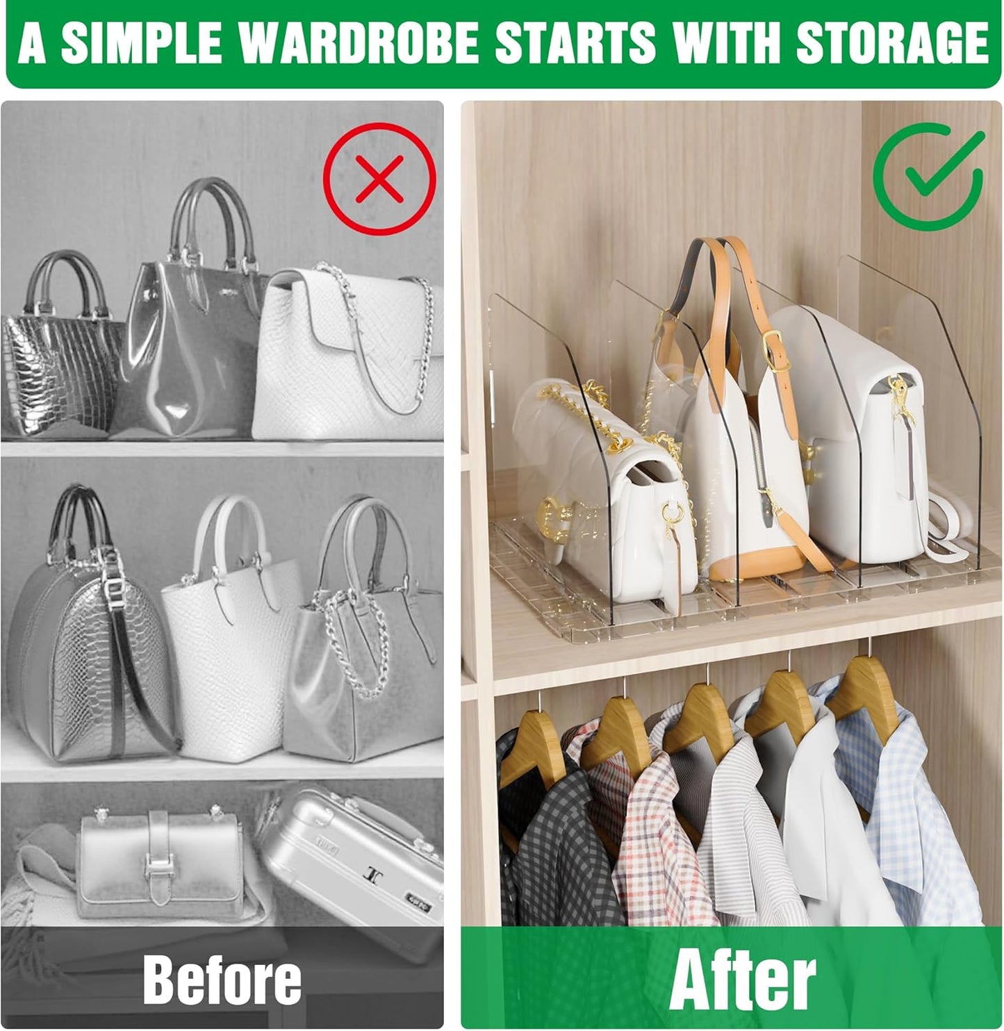 Bag & Purse Organizer for Closet, 4 Sets Adjustable Clear Handbag Storage Shelf, Plastic Clutch Dividers for Closet Organizers and Storage-Keep Purses upright (4 Sets)