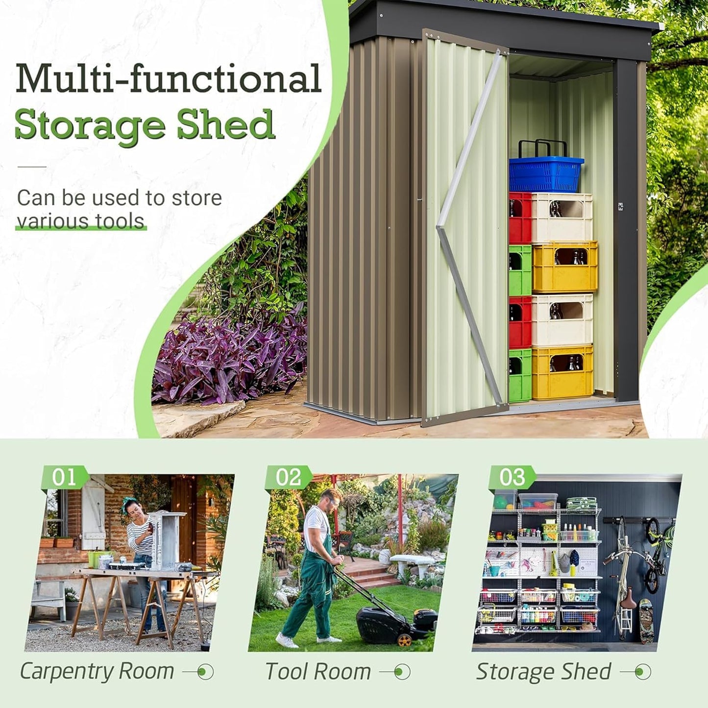 Furniwell 5x3 FT Outdoor Storage Shed, Metal Garden Sheds Outdoor Storage House with Single Lockable Door for Backyard Patio Lawn, Brown