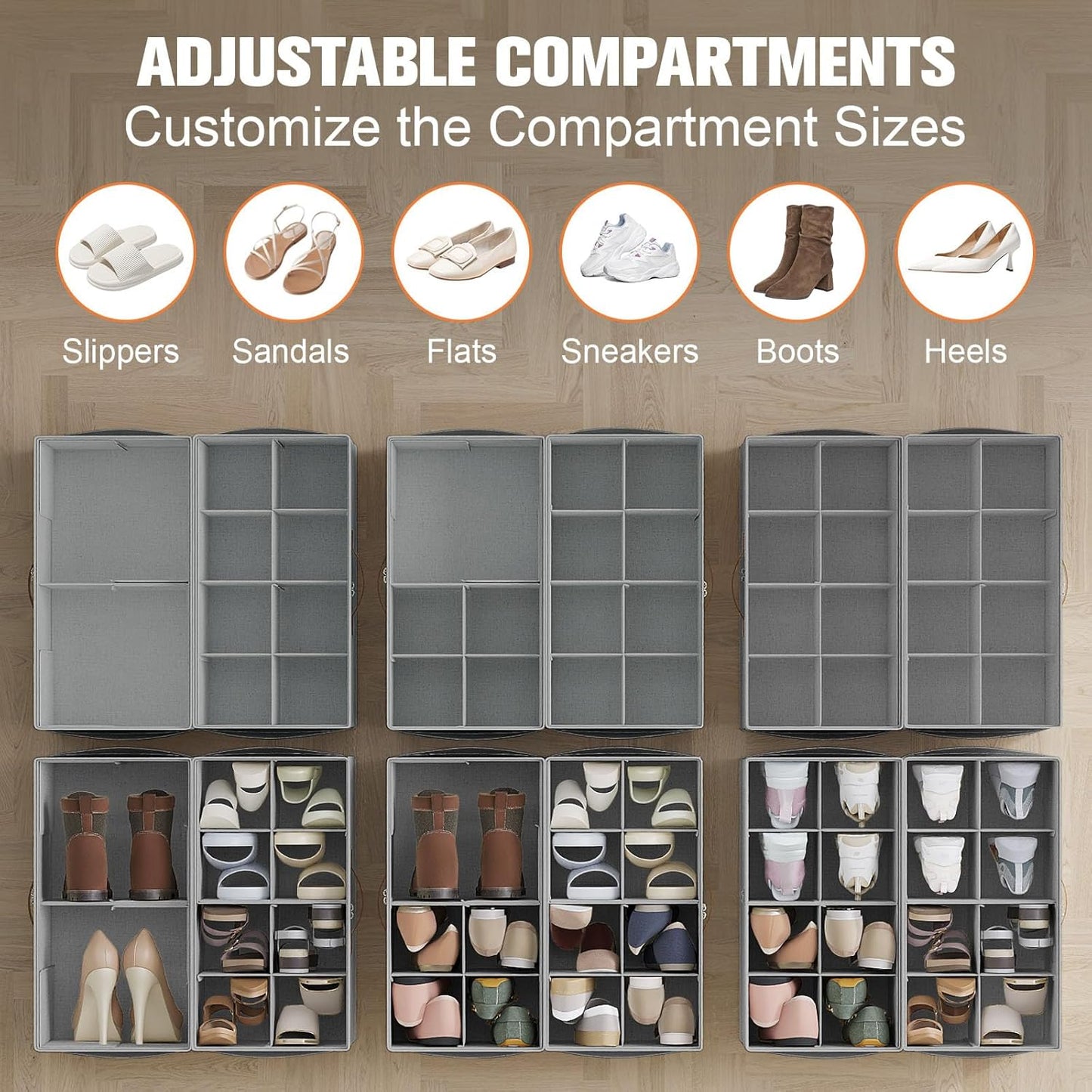 Shoe Organizer for Closet, 2 Pack Foldable Shoe Storage Organizer with Adjustable Dividers, Shoe Storage Box with Clear Cover, Fits up to 16 Pairs, Gray