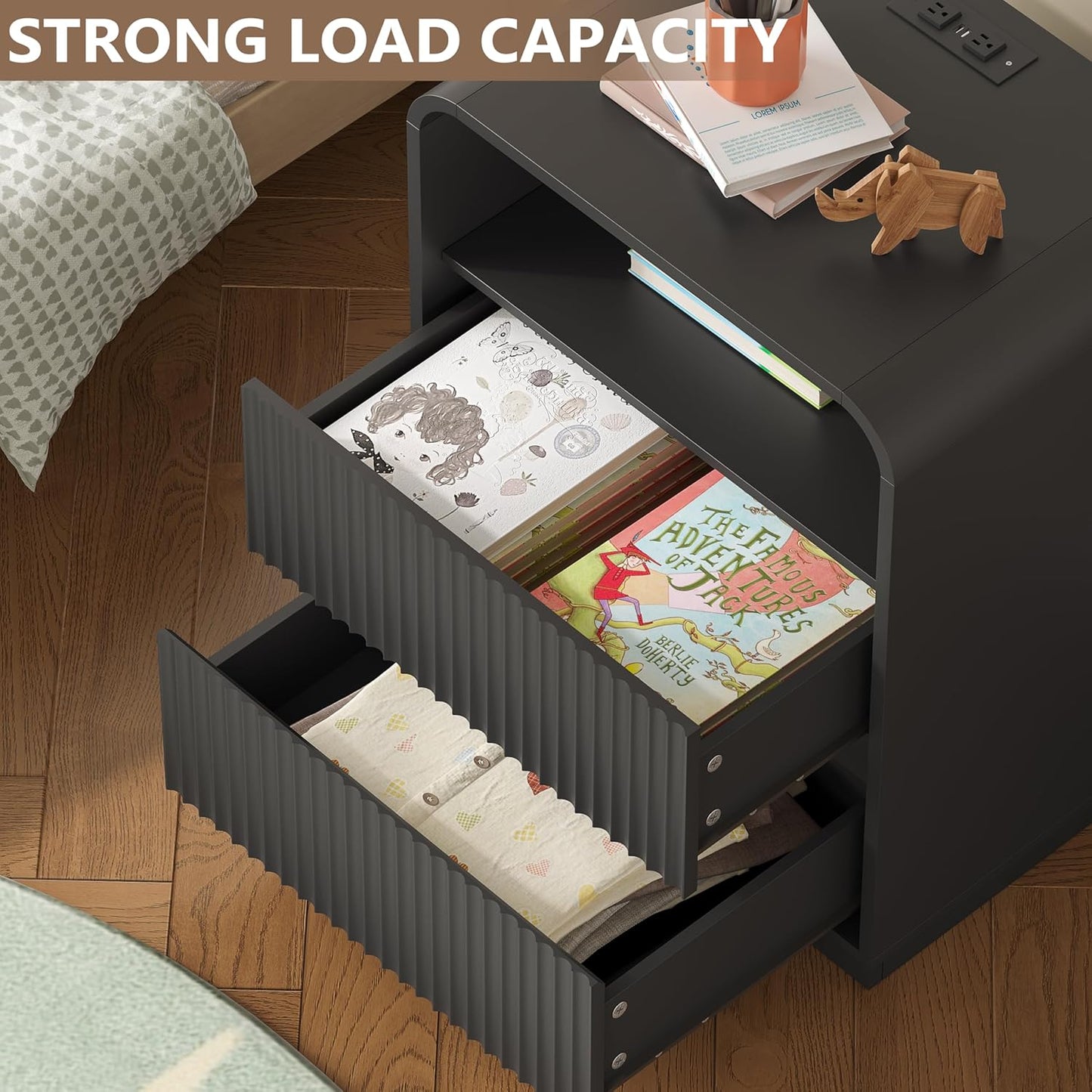 Dresser with 2 Drawers and Charging Station, Fluted Bedside Table with Round Curved Corner, Hidden Handles, 2 AC Outlets and 2 USB Ports, Modern Wood End Table with Open Shelf for Bedroom
