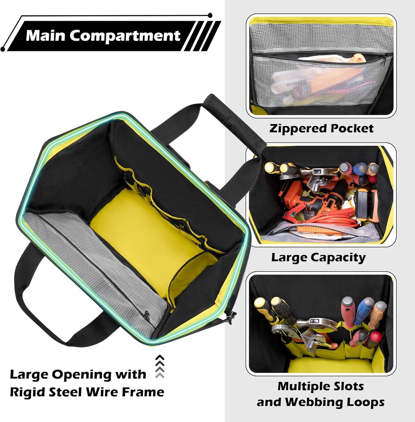 Tool Bag Backpack with Zipper Pouch and Magnetic Attraction Area, Heavy-Duty Tool Storage Organizer Bag, Tactical Work Tool Bag for Electrician, Repairman, HVAC Techs, Black