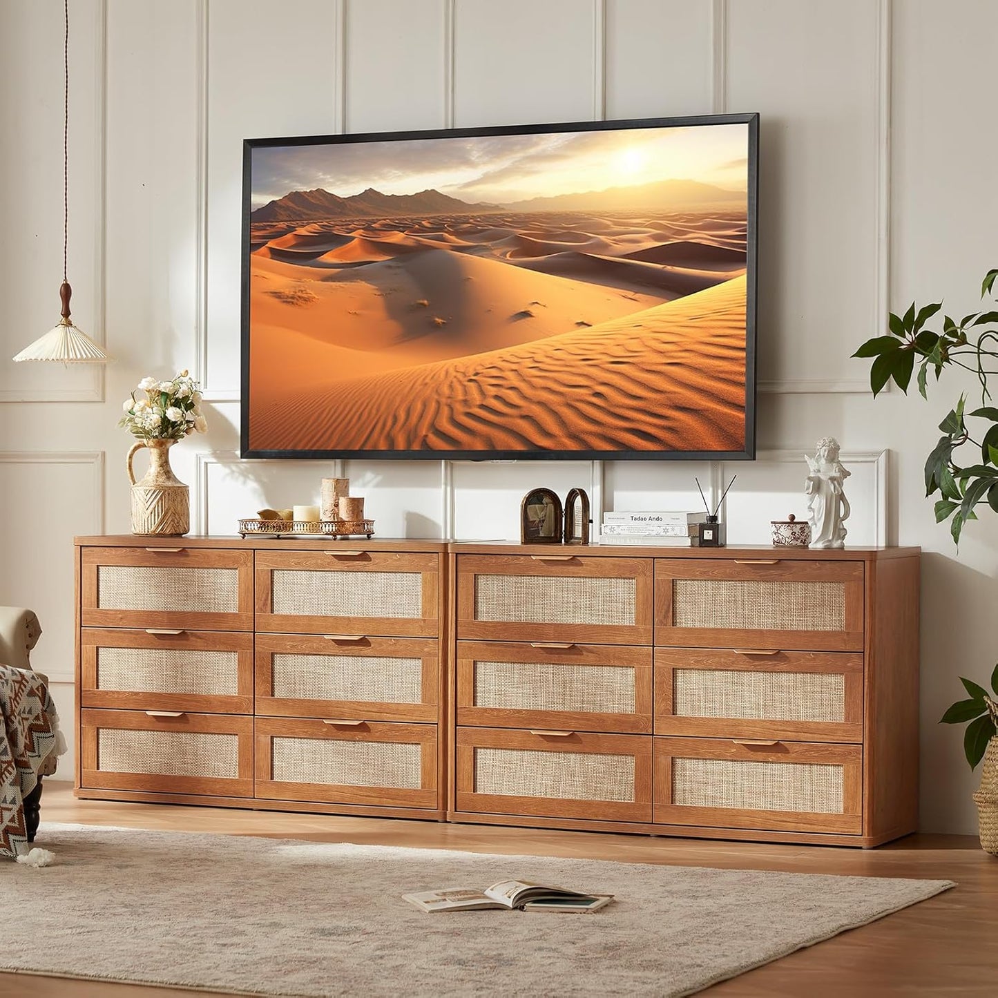 LEYAOYAO Rattan Dresser for Bedroom Set of 2, Boho 48" Wide 6 Drawer Dresser Chest of Drawers, Wood Dressers TV Stand with Metal Handle, Storage Dressers Closet Organizer for Living Room, Hallway