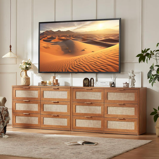 LEYAOYAO Rattan Dresser for Bedroom Set of 2, Boho 48" Wide 6 Drawer Dresser Chest of Drawers, Wood Dressers TV Stand with Metal Handle, Storage Dressers Closet Organizer for Living Room, Hallway