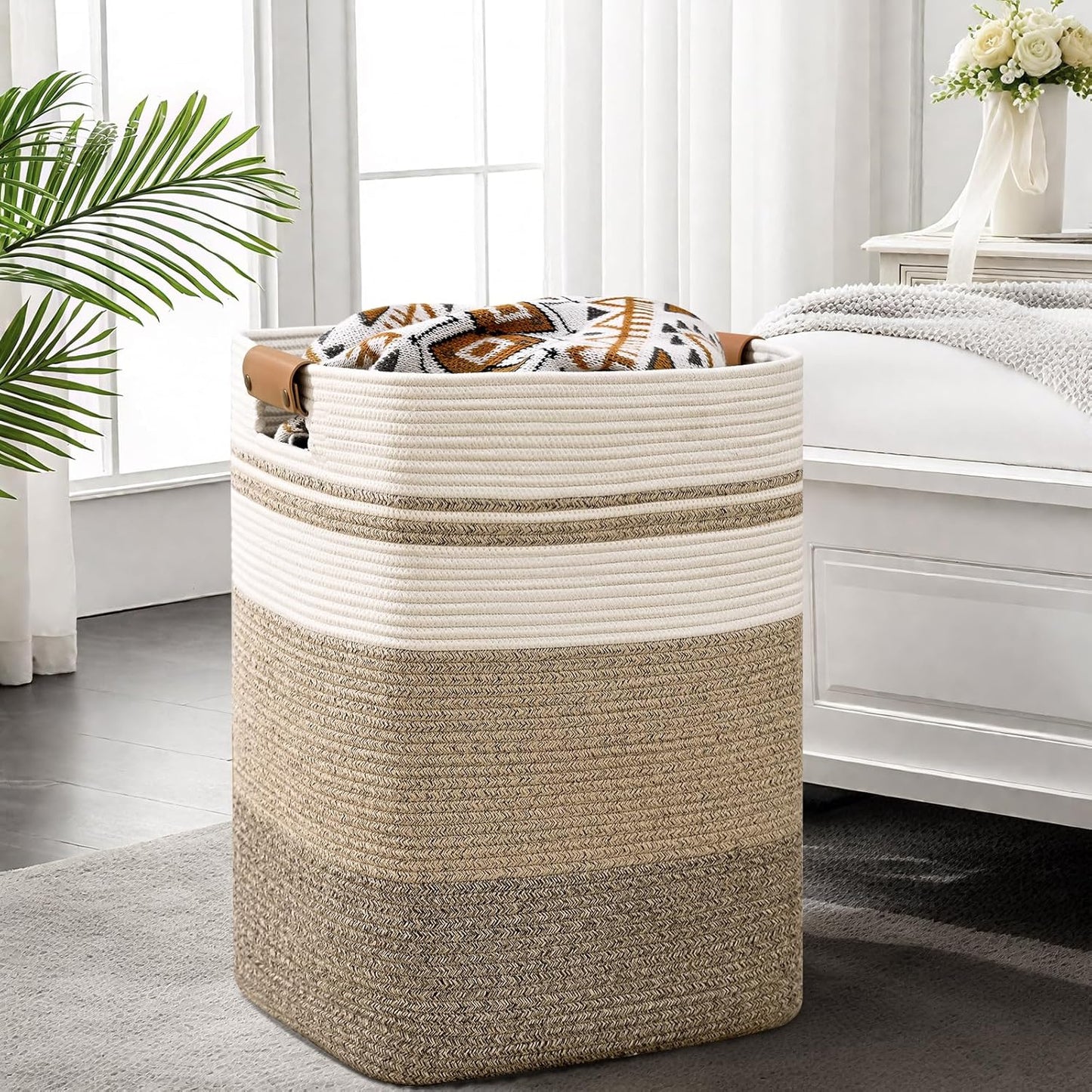 Laundry Hamper, 95L Tall Laundry Basket with Leather Handles, Rectangle Large Clothes Hamper for Organizing, Cotton Woven Laundry Baskets Storage Hampers for Bedroom, Nursery, Living Room