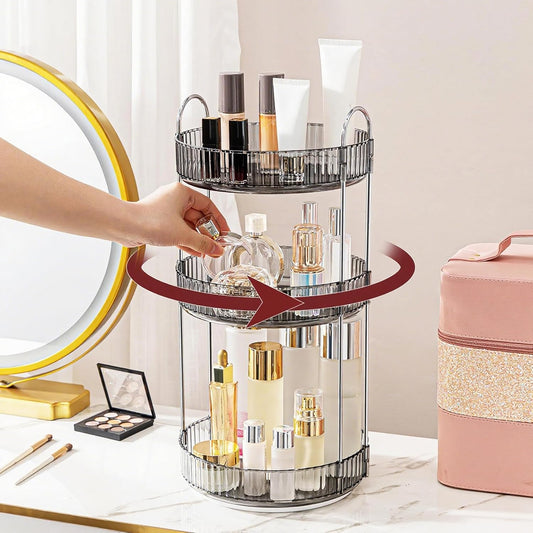 360° Rotating Makeup Organizer, Bathroom Make Up Spinning Holder Rack, Large Capacity Cosmetics Storage Vanity Shelf Countertop, Fits Cosmetics, Perfume, Skincare, Lipsticks(3 Tiers, Gray)