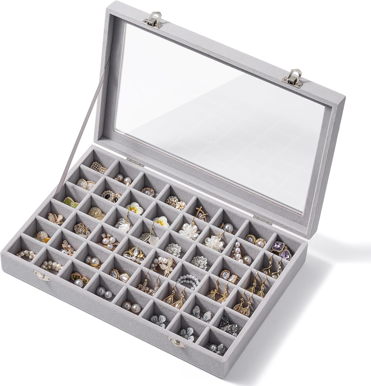 48 Grid Earring Organizer and Storage: Velvet Jewelry Tray with Lid, Jewelry Box for Studs, Earrings, Rings, Necklaces, Dresser & Vanity, Earrings Case Organizer for Girls, Women, Grey