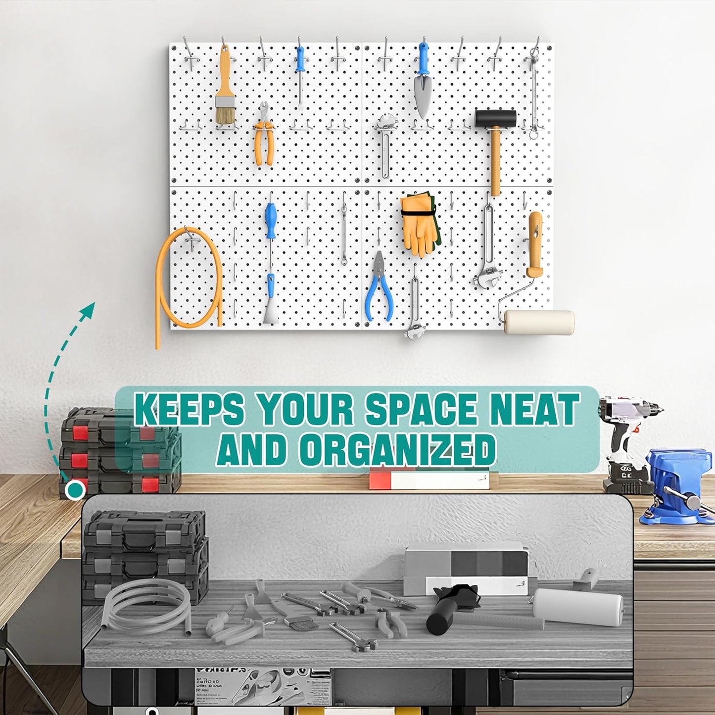 EVERHANGER Metal Pegboard Panels, Heavy Duty Pegboard Wall Organizer, Garage Wall Panels, Tool Storage Organization, 12"X16", 2pcs, White