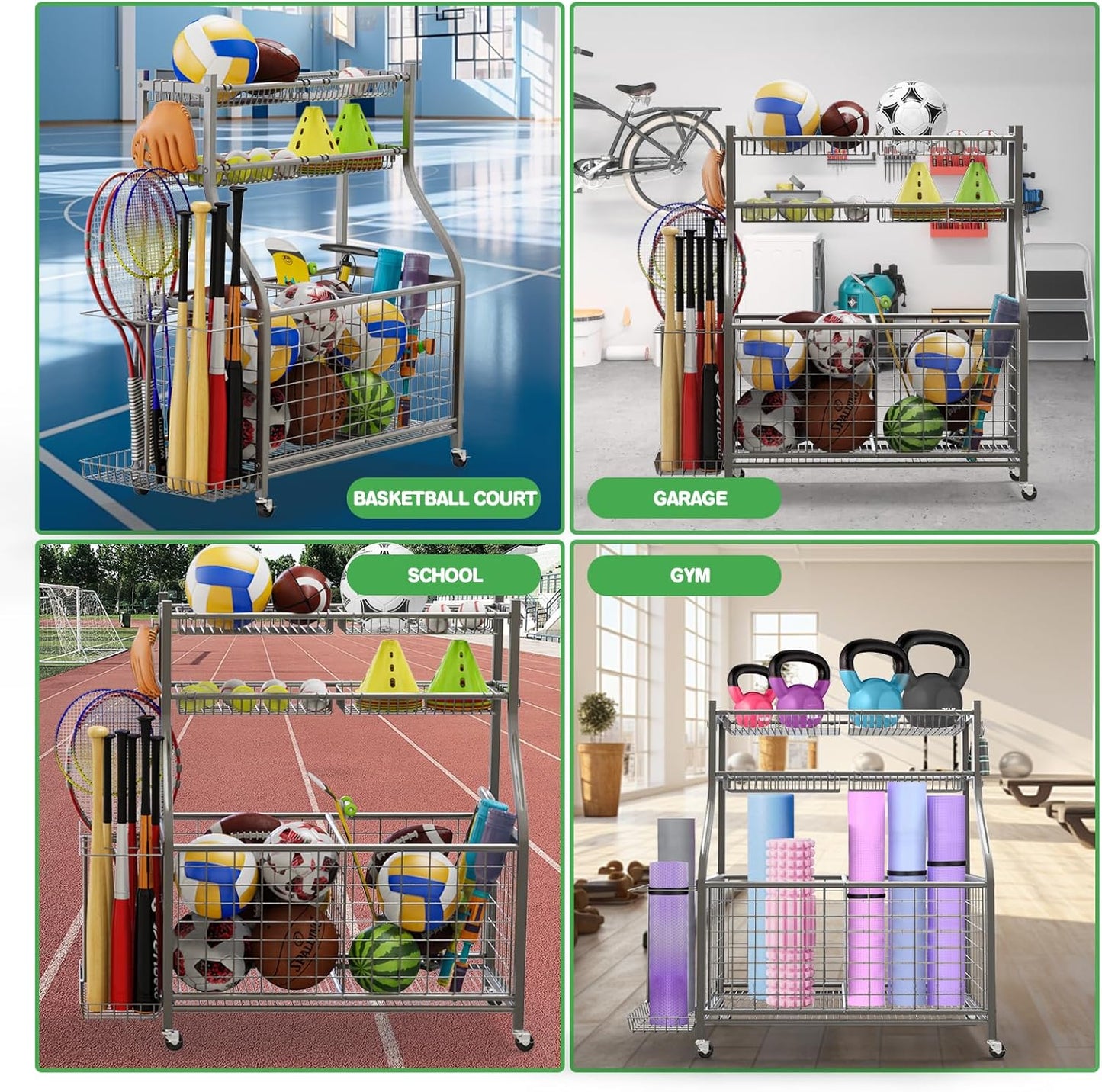 Garage Sports Equipment Organizer,Ball Storage With Four Baskets And Six Hooks,Sports Organizer For Garage,Heavy Duty Garage Organizer,Garage Storage,Garage Organization,Outdoor Toy Storage