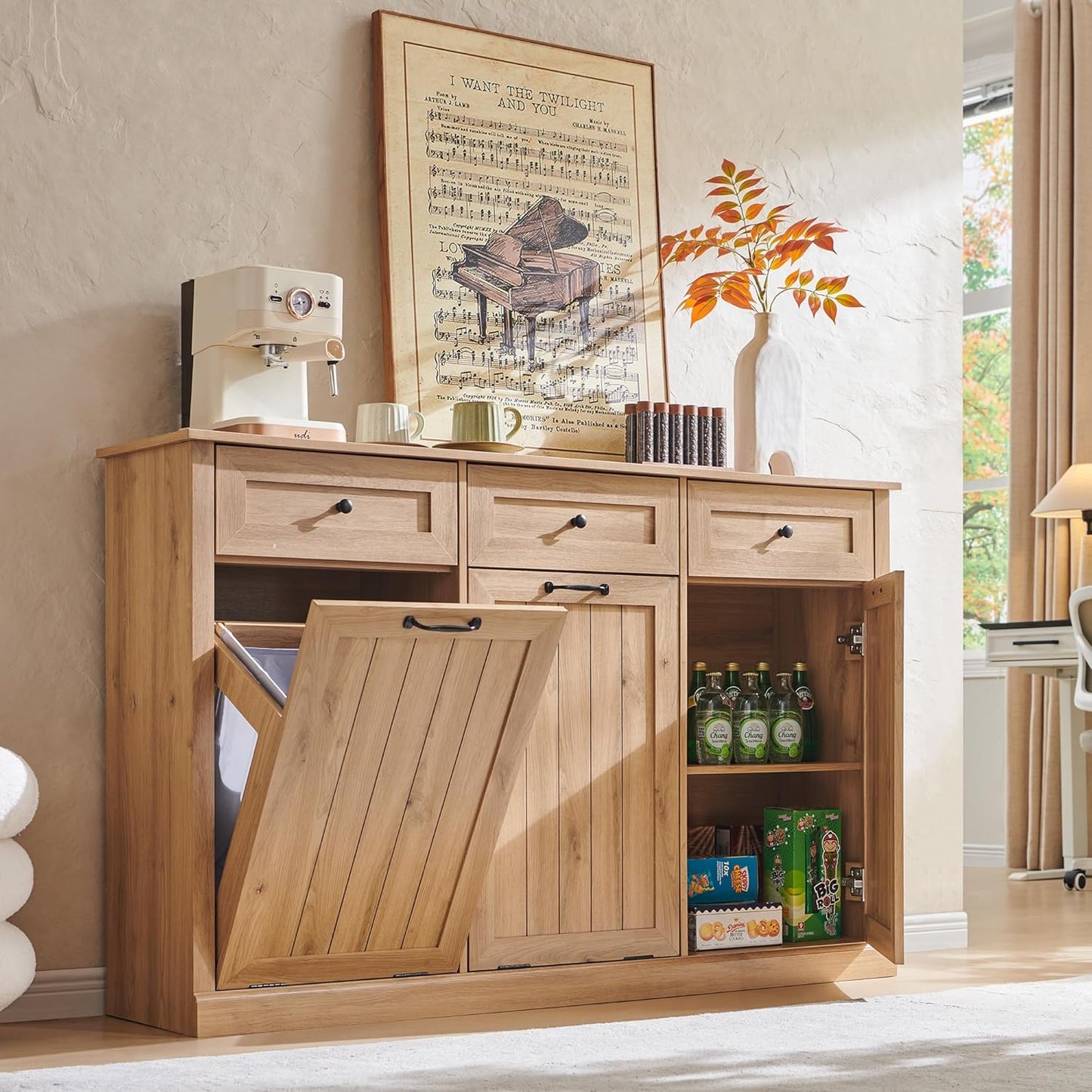 Triple Tilt Out Trash Can Cabinet, 20 Gallon Farmhouse Laundry Hamper Cabinet w/3 Drawers & Adjustable Shelf, Hidden Wooden Trash Can Cabinets with Storage Basket for Kitchen (Natural)
