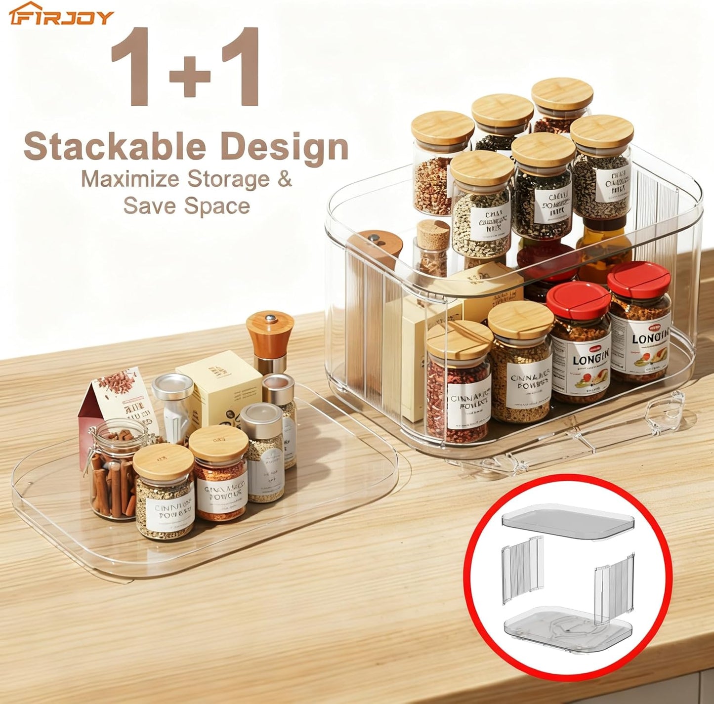 FIRJOY Lazy Susan Organizer for Cabinet, Pantry, Countertop (2 Tier 14" x 10" Clear - 1 Pack, Rectangular)