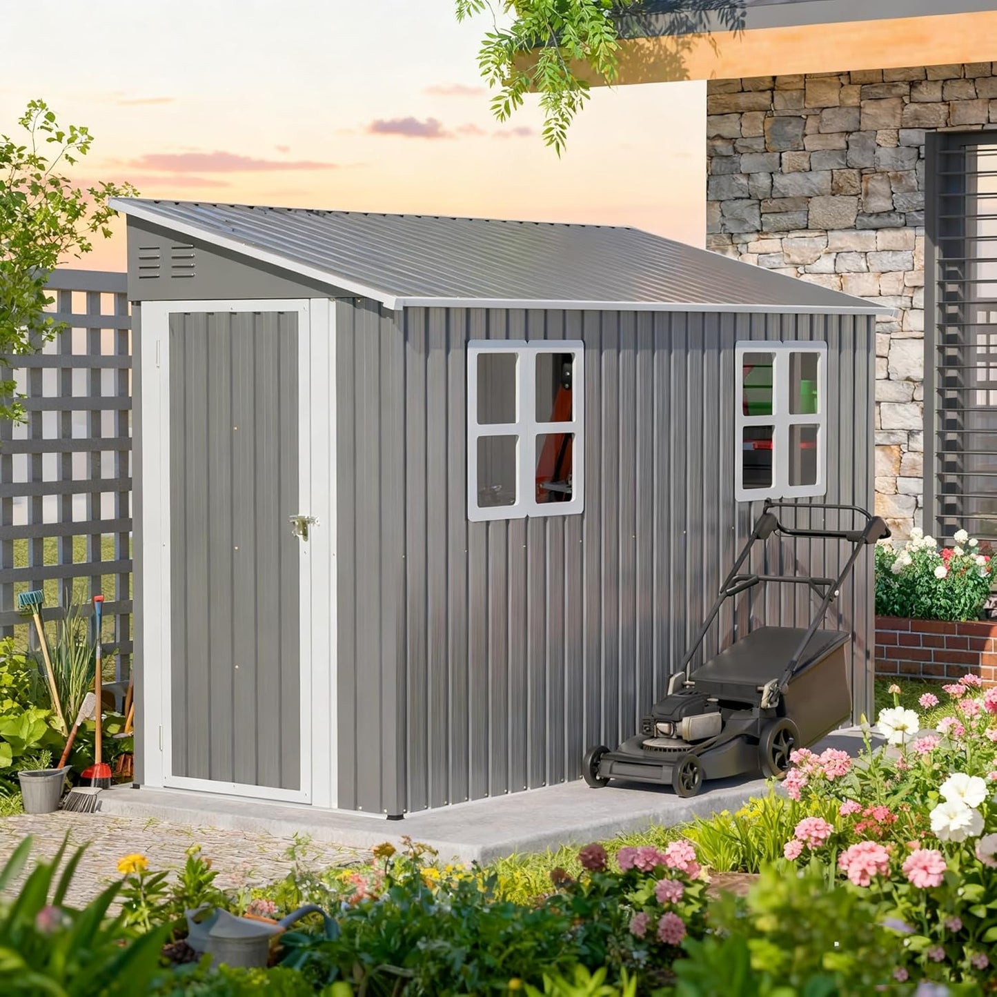 4x10 FT Outdoor Storage Shed, Metal Shed, Lockable Door, Sloping Roof, All-Weather Lean to Resin Shed for Garden, Backyard, Patio, Lawn (Gray)