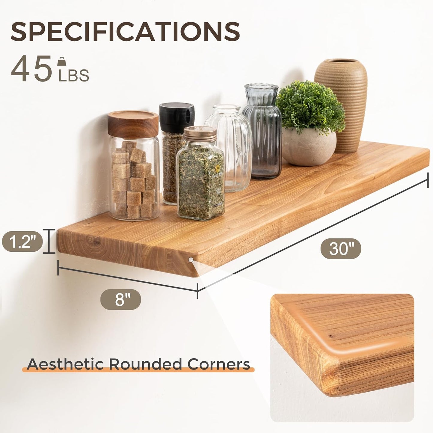Floating Shelves 30" W x 8" D, Solid Elm Wood Shelves for Wall, 8 Inch Deep Floating Shelves for Home Storage & Display, Rustic Wooden Bathroom Shelves 30 Inch Long, Set of 2, Heavy-Duty Bookshelf