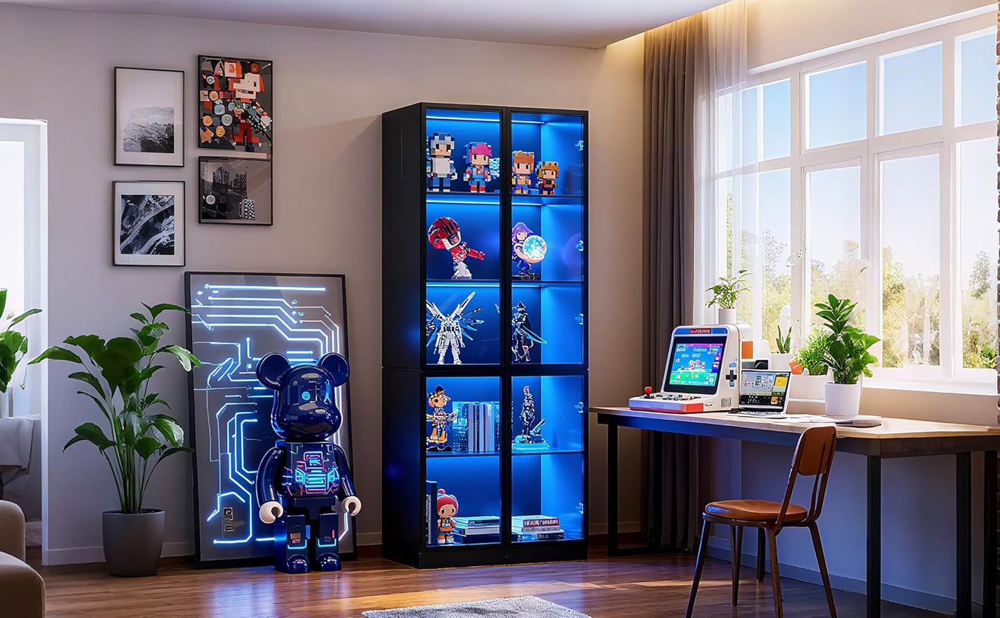 79'' Tall Glass Display Cabinet with LED Lights,Showcase with Glass Doors,5-Tier Curio Cabinet for Collectibles Bookcase,Storage Shelf, Bookcase (Black- 5 Layers, Large)