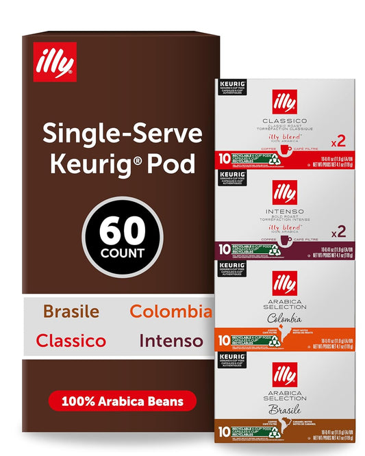 Illy Coffee K-Cups - Compatible Pods for Keurig Coffee Maker - Classico, Intenso, Brasile & Colombia Roasts - Variety - 10 Count (Pack of 6)