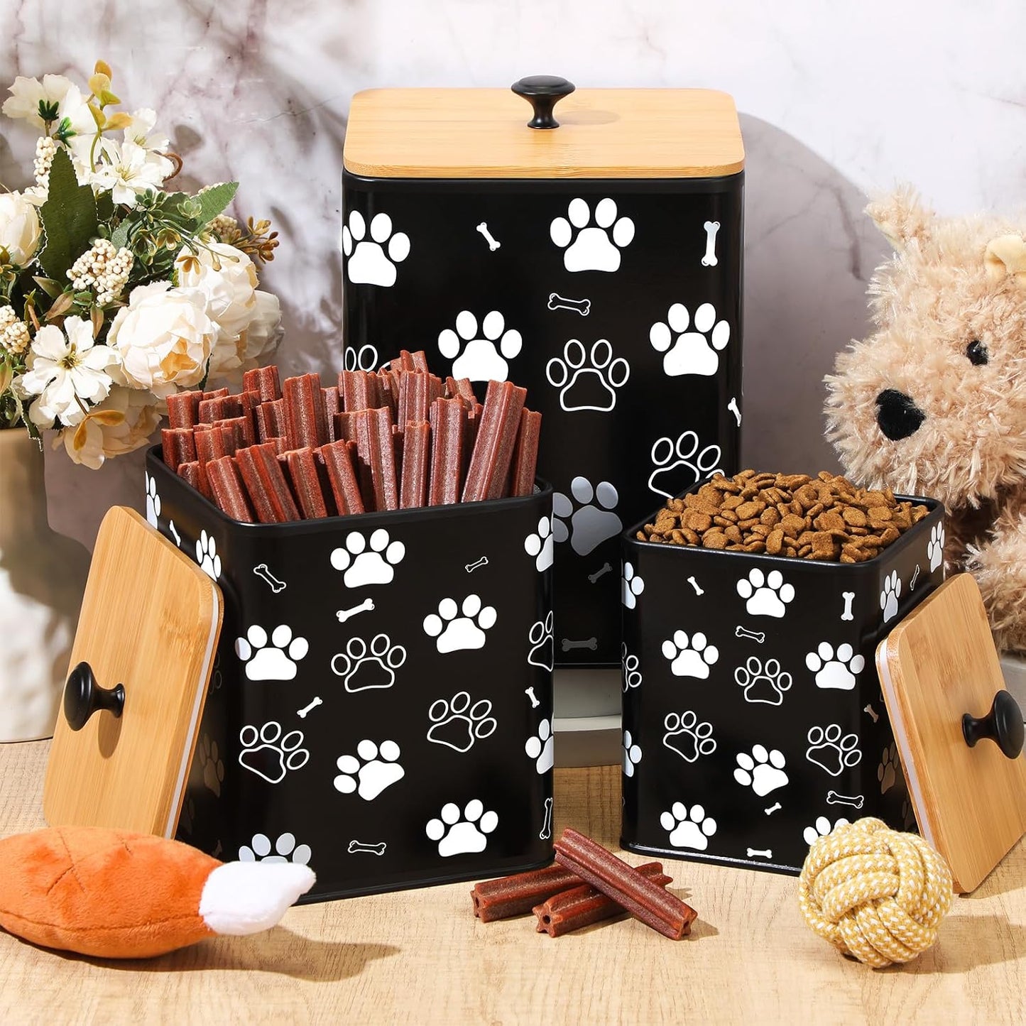 Airtight Dog Food Containers with Bamboo Lids, Metal Dog Treat Jars Canisters for Kibble, Biscuits, Snacks, Cookies, Pet Food Storage Set for Kitchen Counter Christmas Gift(Black)