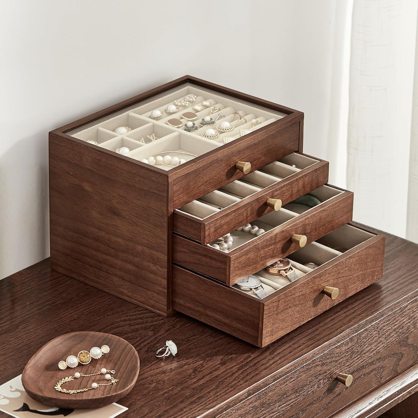 Black Walnut Wooden Jewelry Box for Women large 4 Layer Drawer Organizer Box with Glass Lid for Necklaces, Watch, Necklace, Ring, Earring Storage - Christmas Gifts
