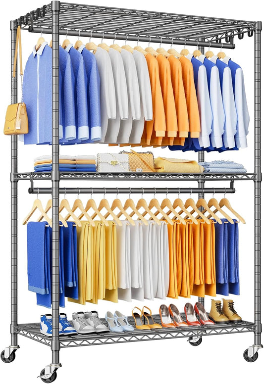 P8 Heavy Duty Clothes Rack（With Extended Width Design） Rolling Clothing Racks for Hanging Clothes，Portable Garment Rack with Lockable Wheels，51.2" W x 15.8" D x 80.5" H，Max Load 700LBS，Grey