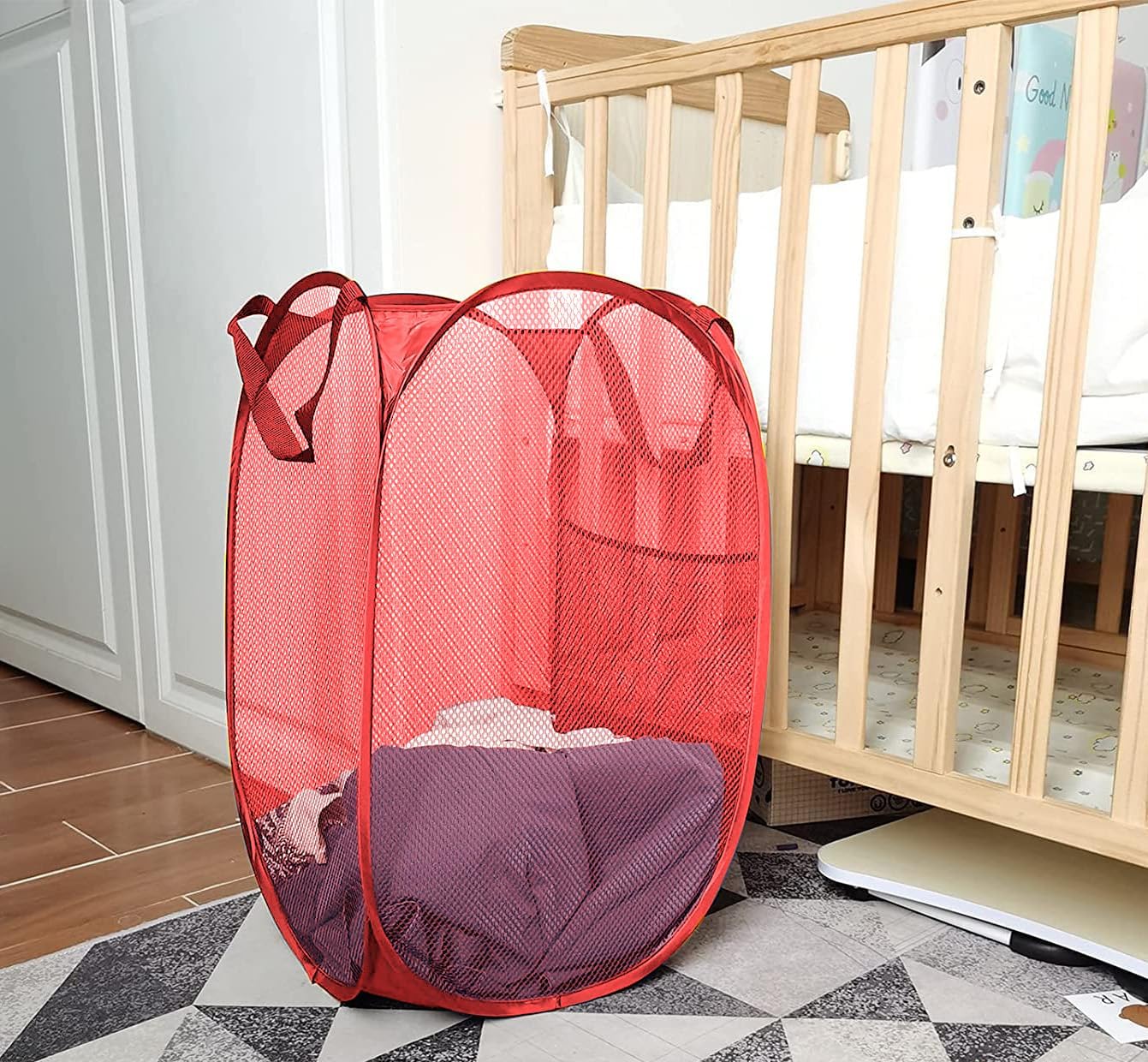Larpur Popup Mesh Laundry Basket, Collapsible and Portable Clothes Washing Laundry Hamper with Reinforced Carry Handle (Red)