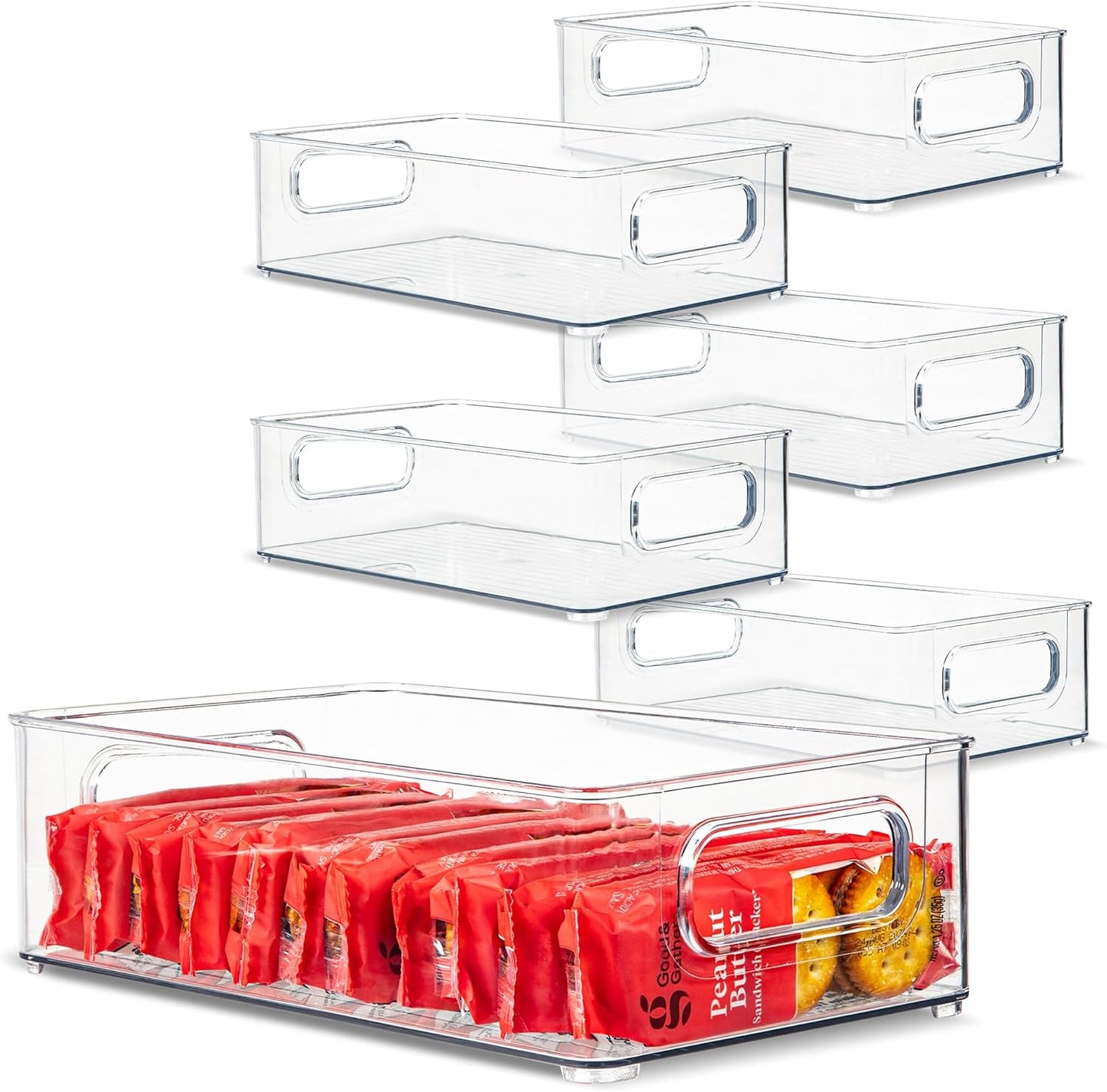 primebox Plastic Food Storage 6 Pack Clear Container Bin with Handles for Organizing Kitchen, Pantry, Refrigerator, Freezer, Pantry, Cabinet, Closet, Bathroom. Stackable 10”x6”x3”