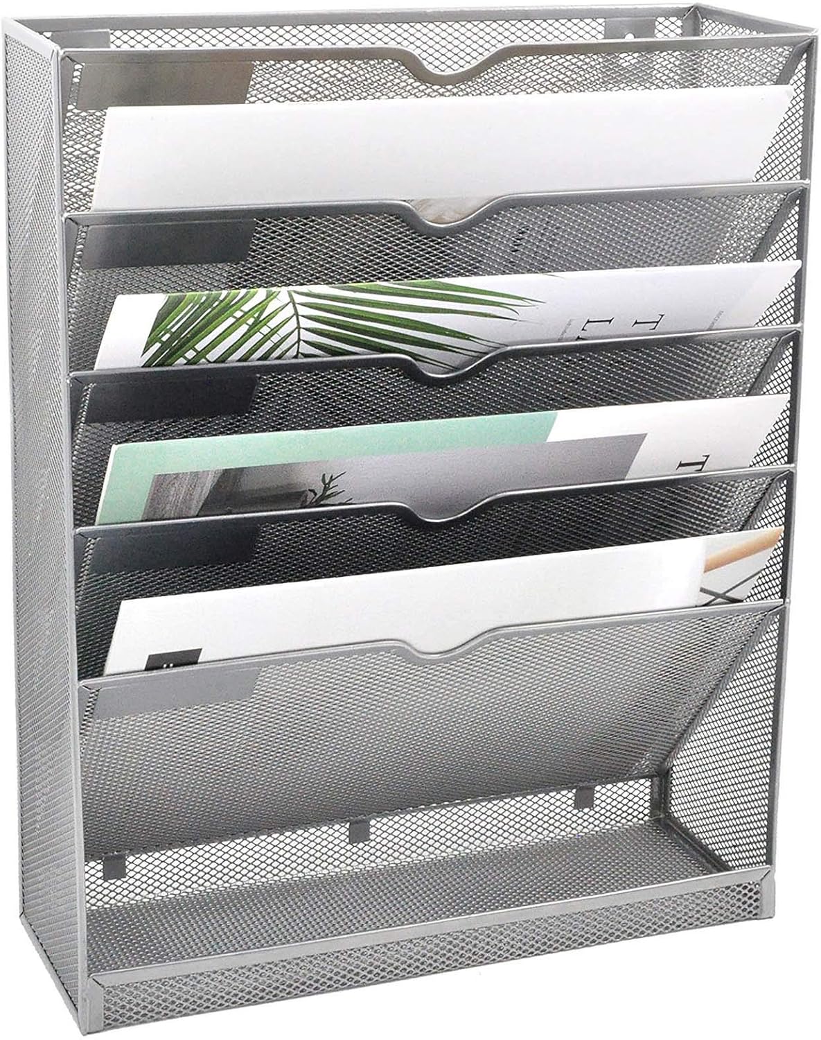 EASEPRES Mesh Wall File Organizer 6 Tier Vertical Mount Hanging Holder Magazine Rack with Bottom Flat Tray, Sides Closed, Silver