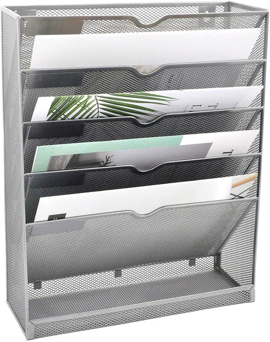 EASEPRES Mesh Wall File Organizer 6 Tier Vertical Mount Hanging Holder Magazine Rack with Bottom Flat Tray, Sides Closed, Silver