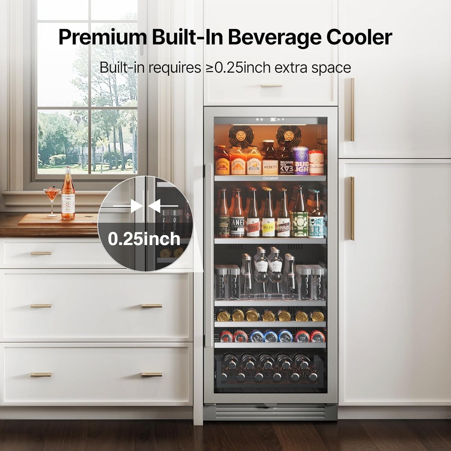 Ca'Lefort 24 Inch Beverage Refrigerator, 238 Cans Tall Beverage Fridge with Glass Door, 40-65°F Drink Fridge with 3 LED for Bar/Kitchen/Office, Freestanding or Built-In Beer Cooler for Beer/Soda/Wine