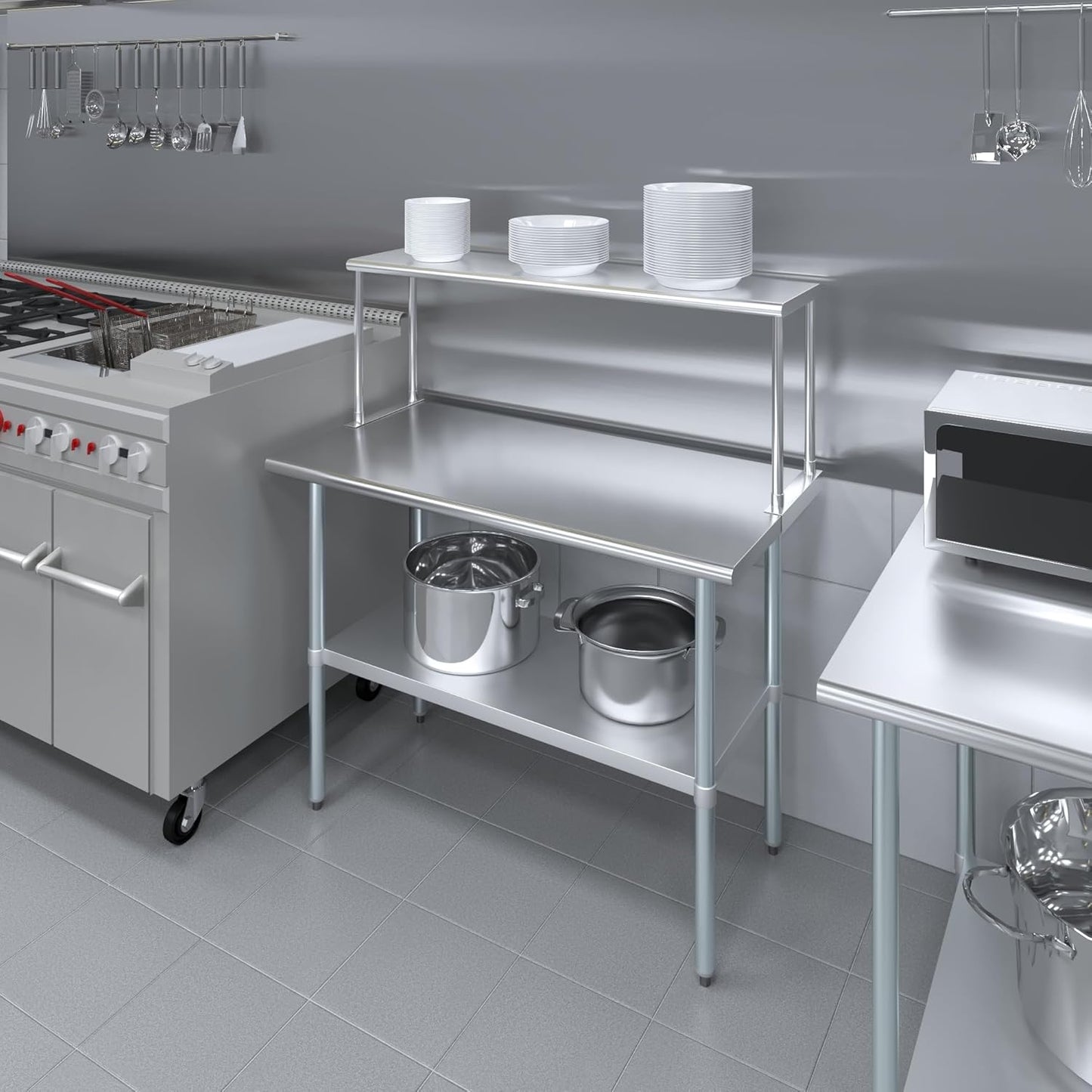 Stainless Steel Work Table with Wide Single Tier Overshelf | Metal Kitchen Prep Table & Shelving Combo (24" x 48" Work Table + 12" Overshelf)