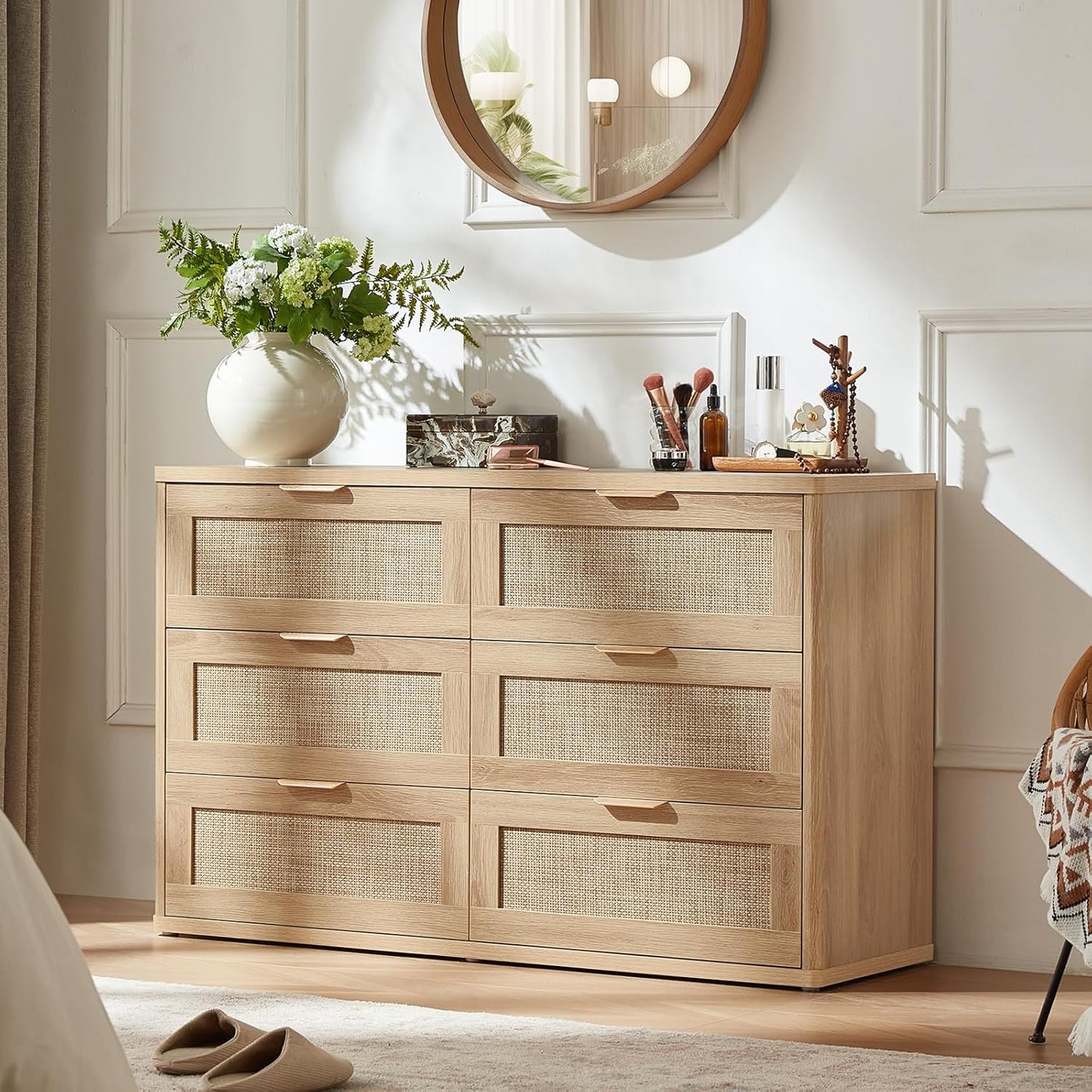 LEYAOYAO Rattan Dresser for Bedroom Set of 2, Boho 48" Wide 6 Drawer Dresser Chest of Drawers, Natural Wood Dressers TV Stand with Metal Handle, Storage Dressers Organizer for Living Room, Hallway