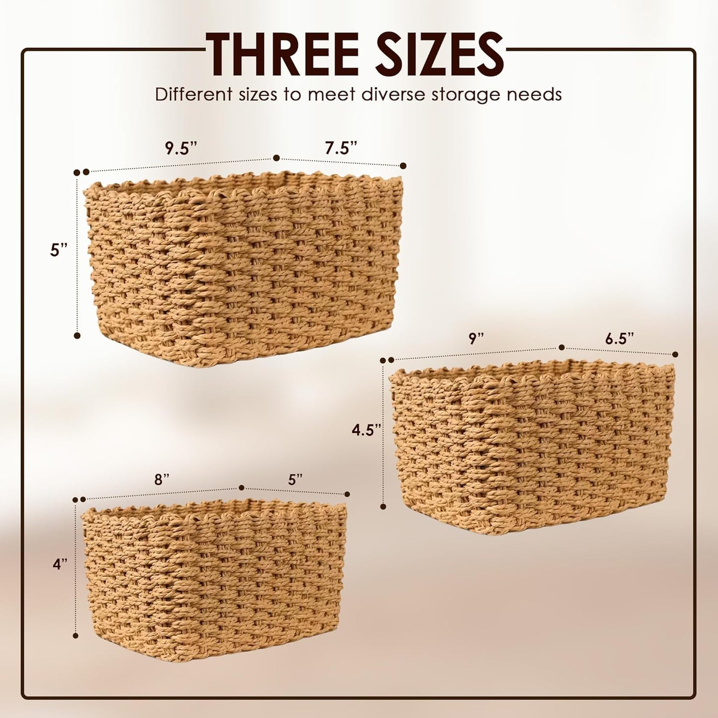 Wicker Storage Baskets For Organizing (Extra Small, Small and Medium), Brown
