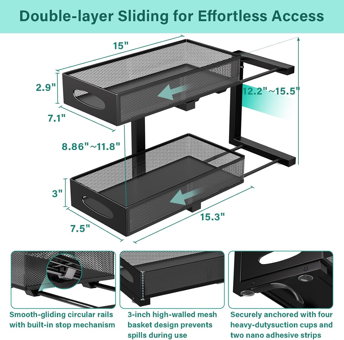 Under Sink Organizer, 2-Pack of 2-Tier Metal Slide Out Pull Out Cabinet Organizer Shelf, Height Adjustable Organization and Storage Series, Bathroom/Desktop/Cabinet/Kitchen Organization, Black