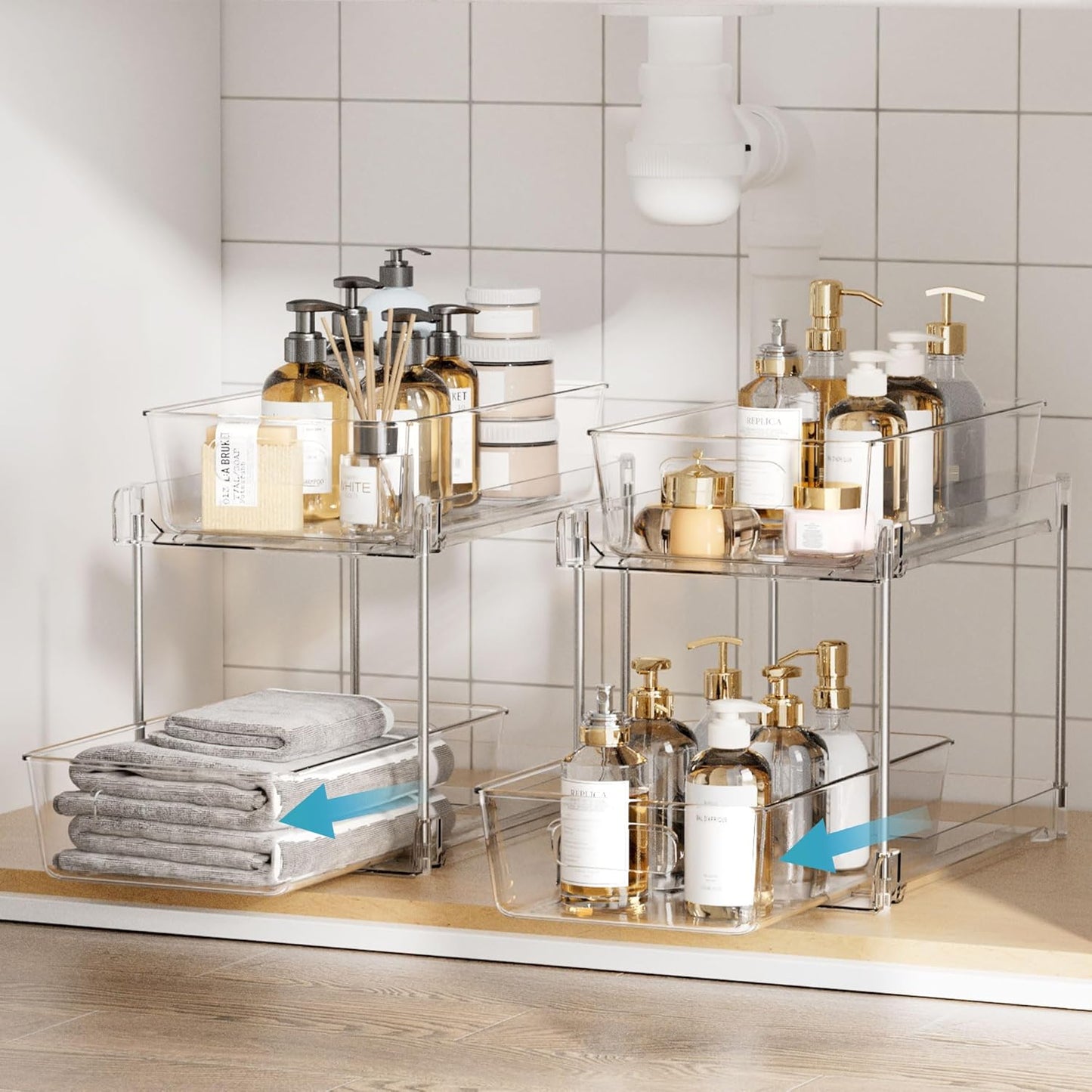 Vtopmart 8 Pack Bathroom Organizer, 2 Tier Clear Under Sink Organizers Vanity Countertop Storage Container,Cabinet Drawers Bins, Pull-Out Organization with Track for Pantry, Kitchen