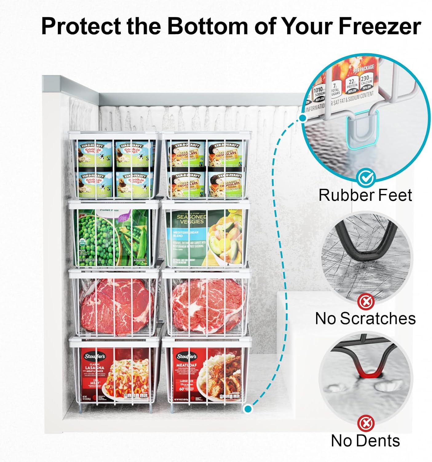 iSPECLE Deep Freezer Organizer Bins - 4 Pack Small Stackable Freezer Baskets for 7 Cu.ft Chest Freezer, Easy Access Food No More Digging, Sturdy Metal Metal Wire Basket Not Scratch Bottom, White
