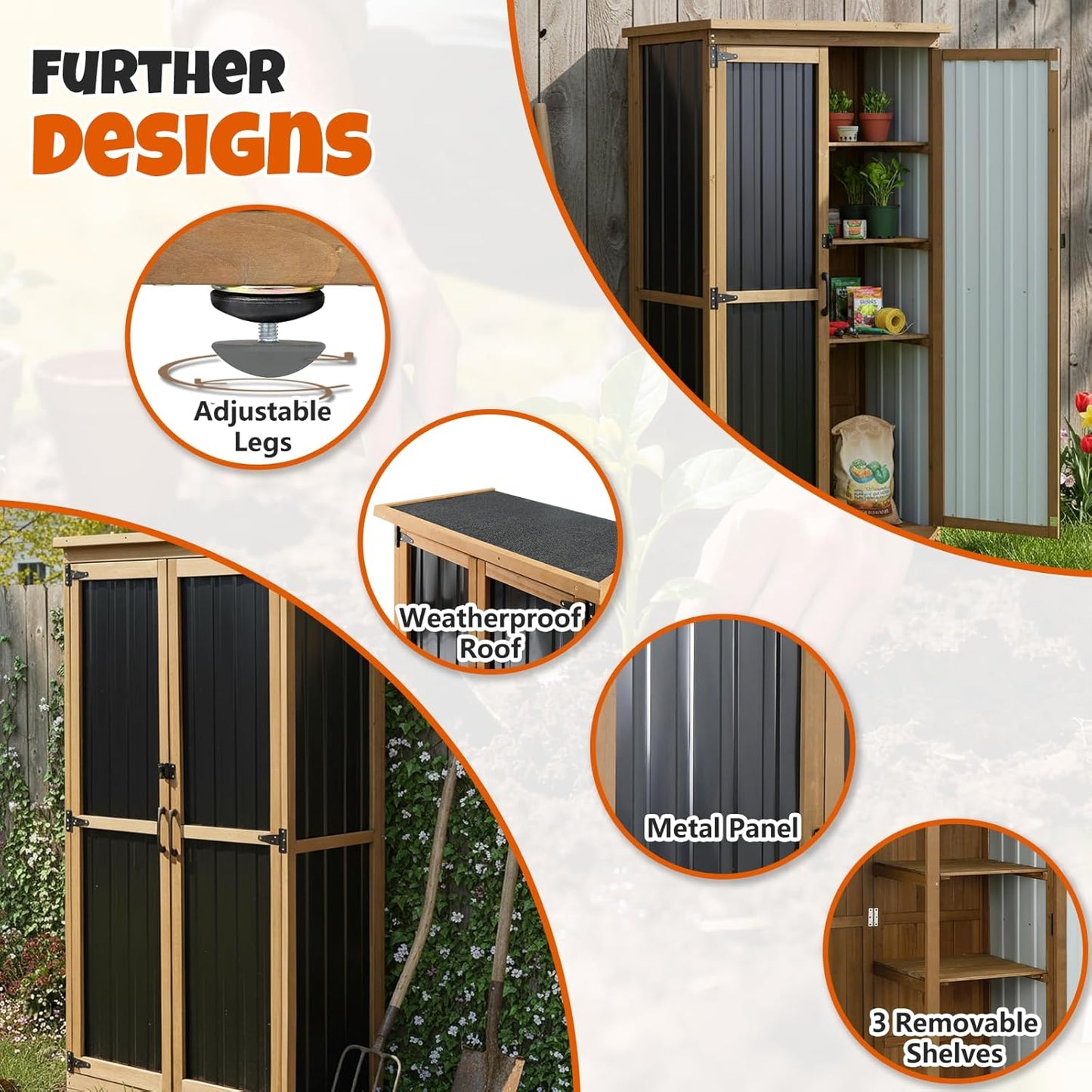 Outdoor Storage Cabinet with Shelves, Wood & Metal Storage Shed with Weatherproof Roof, 3 Removable Shelves, Double Lockable Doors, Adjustable Feet, Outside Storage Cabinet for Garage, Patio, Backyard