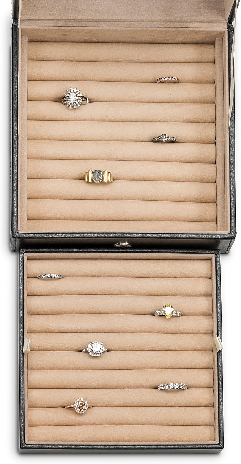 Glenor Co Ring Organizer Box - 108 Slot Classic Jewelry Display Holder - 2 Storage Trays with Modern Buckle Closure, Large Mirror - Holds Rings and Cufflinks - PU Leather Case - Black