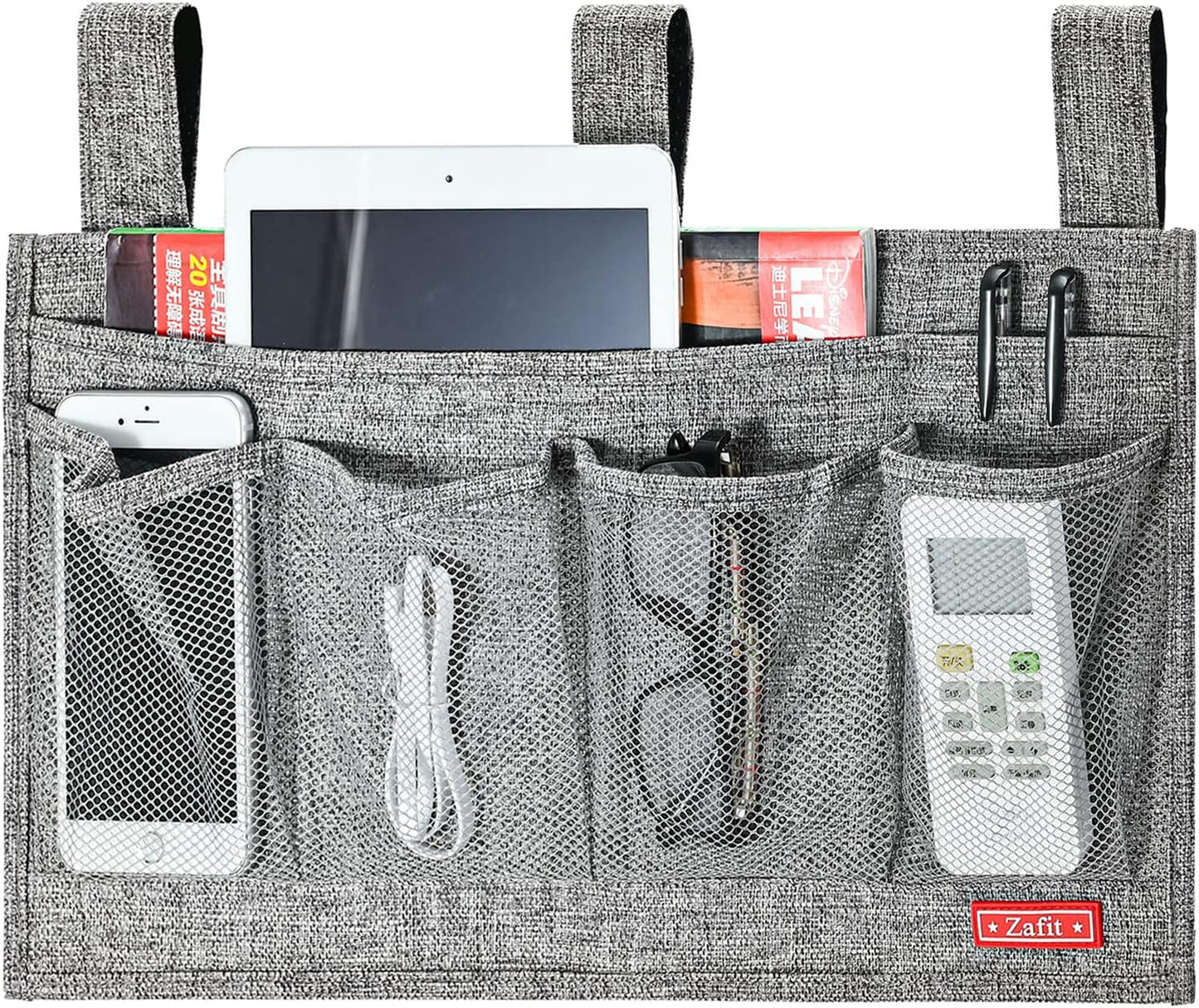 Linen Bedside Caddy, Bedside Storage Organizer for Hospital Beds, College Dorm Rooms or Baby Bed (6 Pockets-Grey)