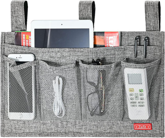 Linen Bedside Caddy, Bedside Storage Organizer for Hospital Beds, College Dorm Rooms or Baby Bed (6 Pockets-Grey)