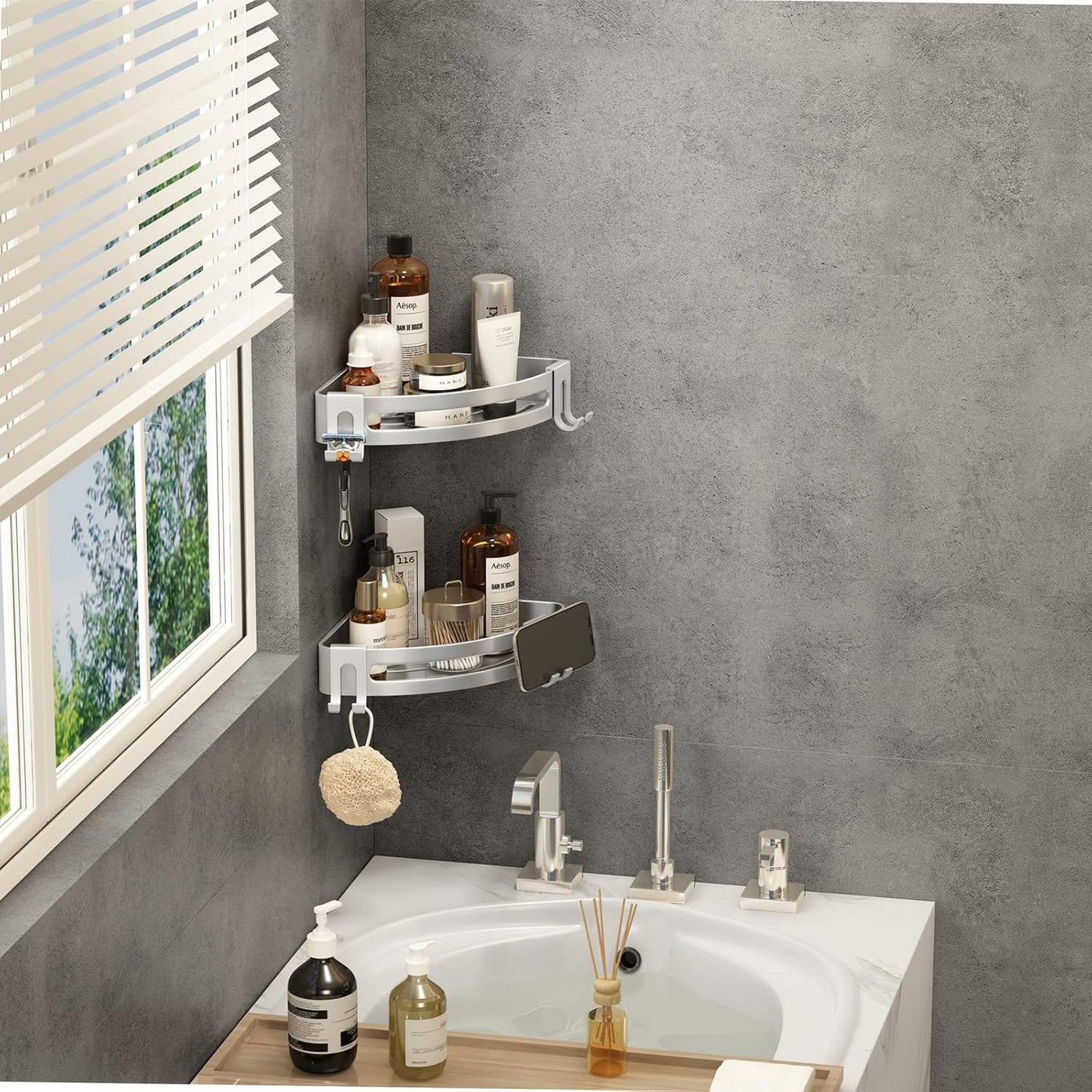 VOLPONE Shower Corner Shelf Caddy 2 Pack shower Organizer No Drill (adhesive mounting, no suction cup) Shower Storage Rust Proof Bathroom Corner Wall Shelf shampoo holder Silver