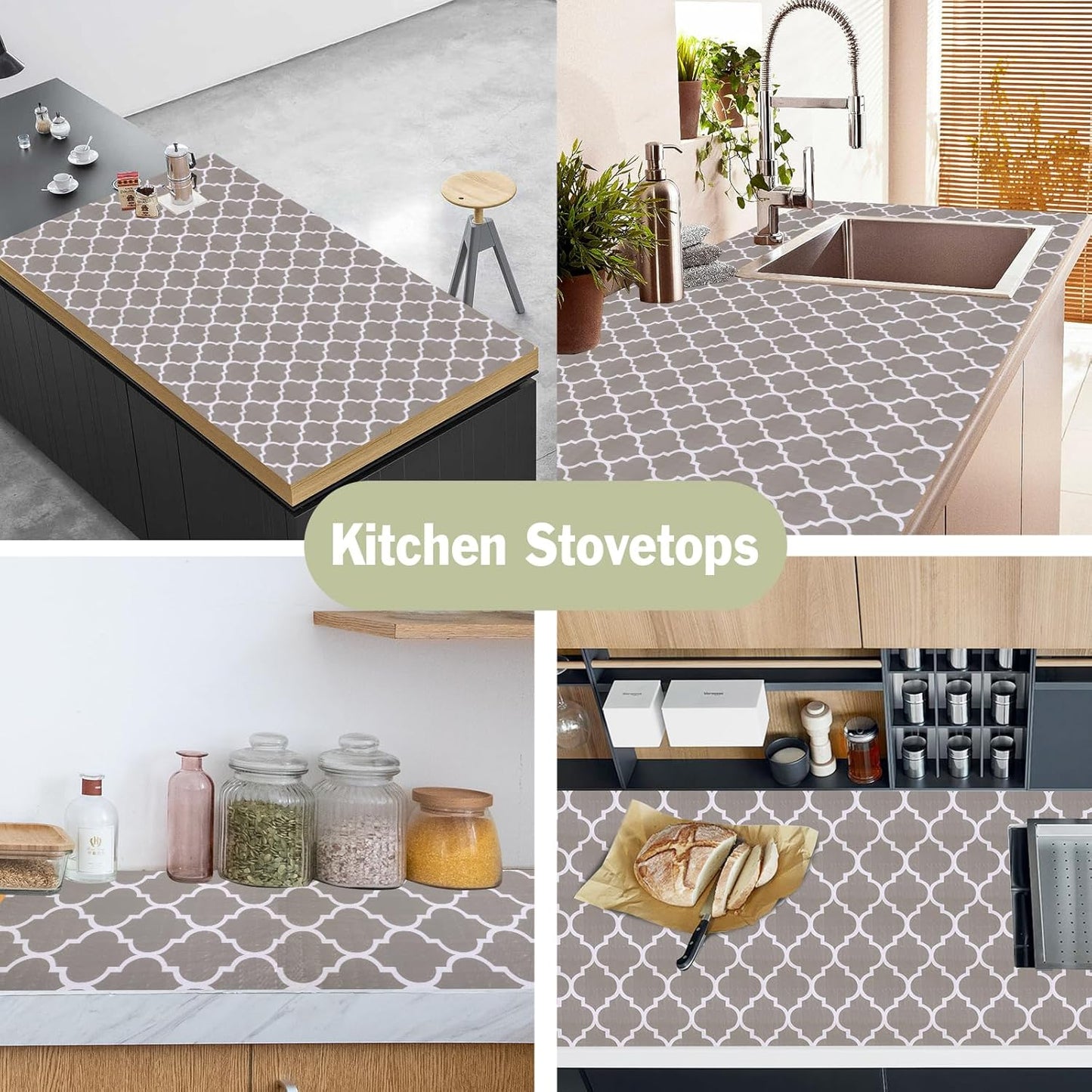 Drawer and Shelf Liner for Kitchen Cabinet: 17 in X 30 Ft Non Slip Waterproof Shelf Paper Non Adhesive Refrigerator Liners Gray Quatrefoil Easy Liners for Bathroom Cupboard with Knife Tape Measure