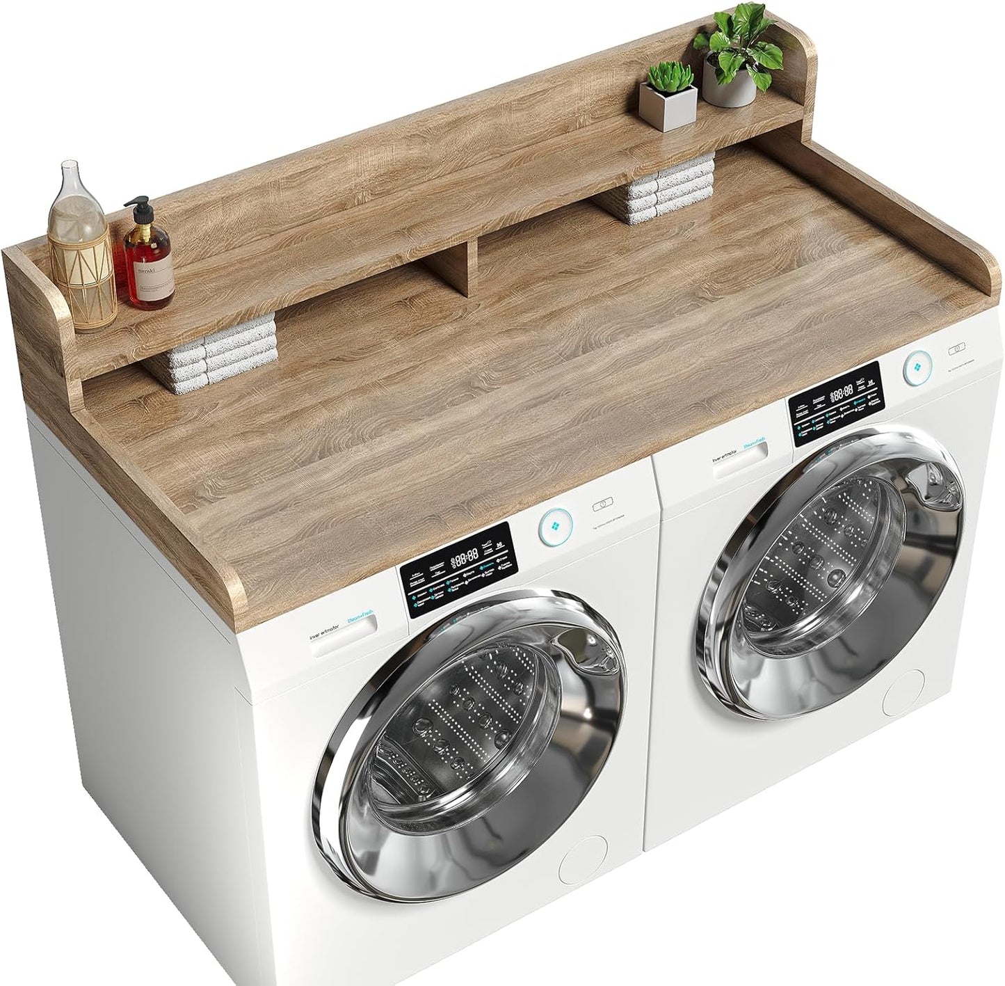 2-Tier Washer Dryer Countertop with 2.75" H Edge Rails, 58" W x 28" D Laundry Countertop for Folding Clothes, Washer and Dryer Topper with Non-Slip Pad (White Oak)