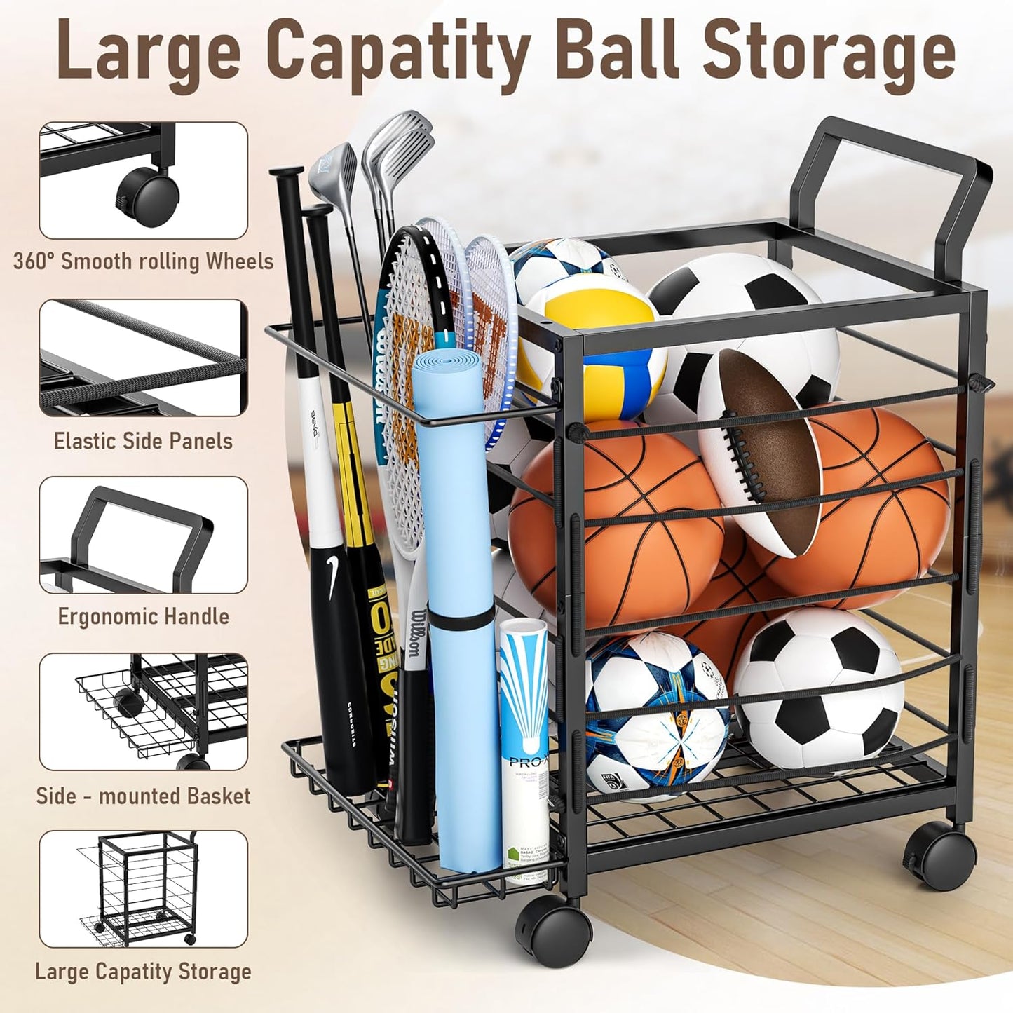 Sports Equipment Garage Organizer,Garage Ball Storage Rack for Sports with Wheels-Upgraded 3 Layers Organizer Rack Outdoor Basketball Racks for Balls with Holder and Hooks (Dark Black)