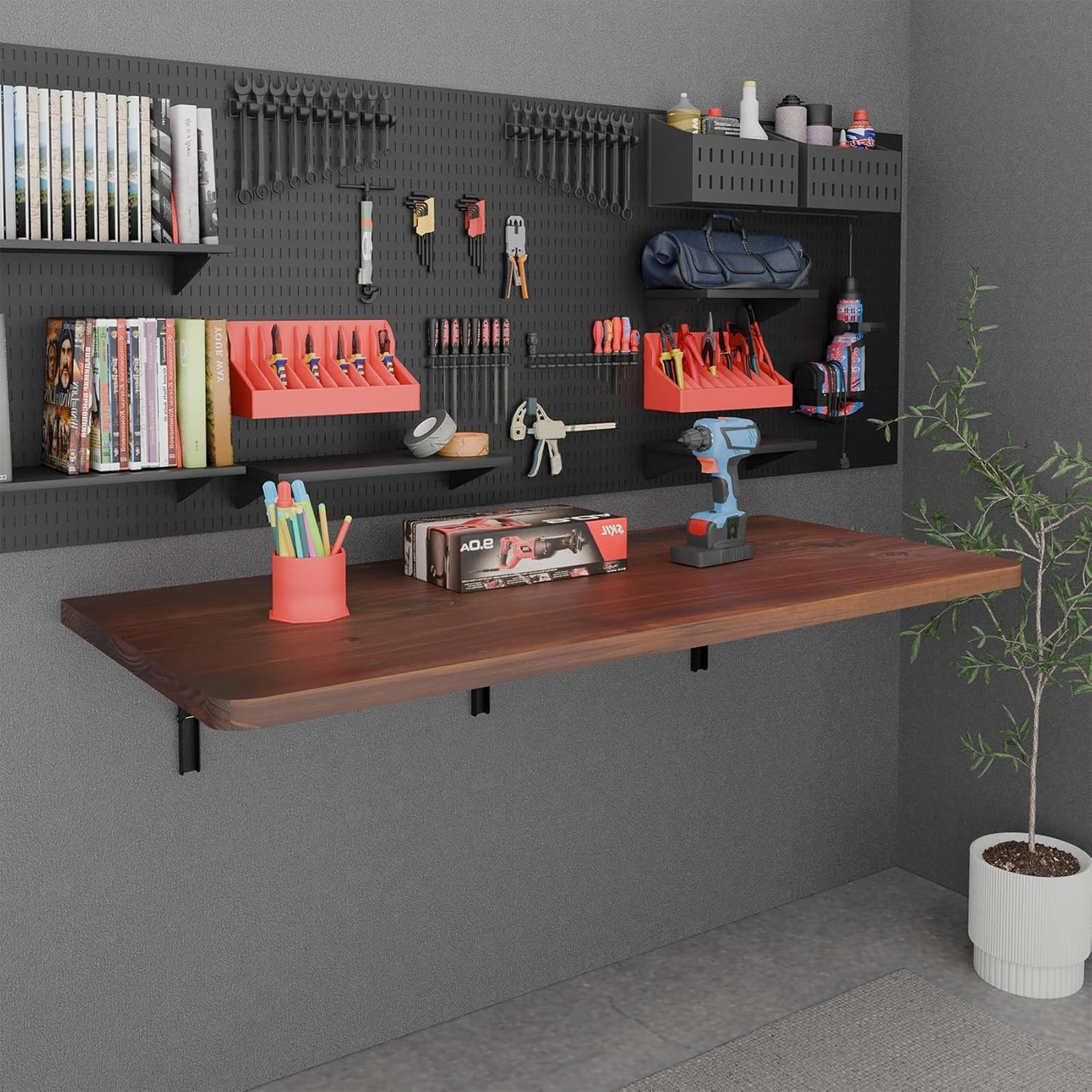 IAE Floating Wall Mounted Folding Table Desk with Pine Wood,48" x 22" Foldable Workbench,Fold Down Wall Mounted Foldable Desk with Shelf Brackets,Laundry Folding Table for Home,Dining,Kitchen,Brown
