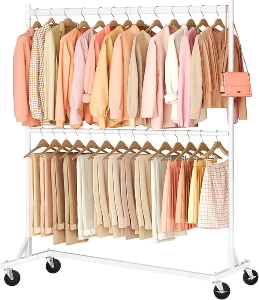 Hoctieon Double Rod Clothes Racks with Z-Base, Adjustable Clothing Rack, Standing Clothes Rack, Metal Clothing Racks for Hanging Clothes, Rolling Garment Rack, White